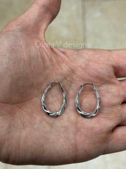 14k White Gold Oval Diamond Cut Hoop Earrings 26mm / Classic Hoops, Everyday Earrings, Gift For Her, For Him, 14k White Gold