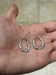 14k White Gold Oval Diamond Cut Hoop Earrings 26mm / Classic Hoops, Everyday Earrings, Gift For Her, For Him, 14k White Gold