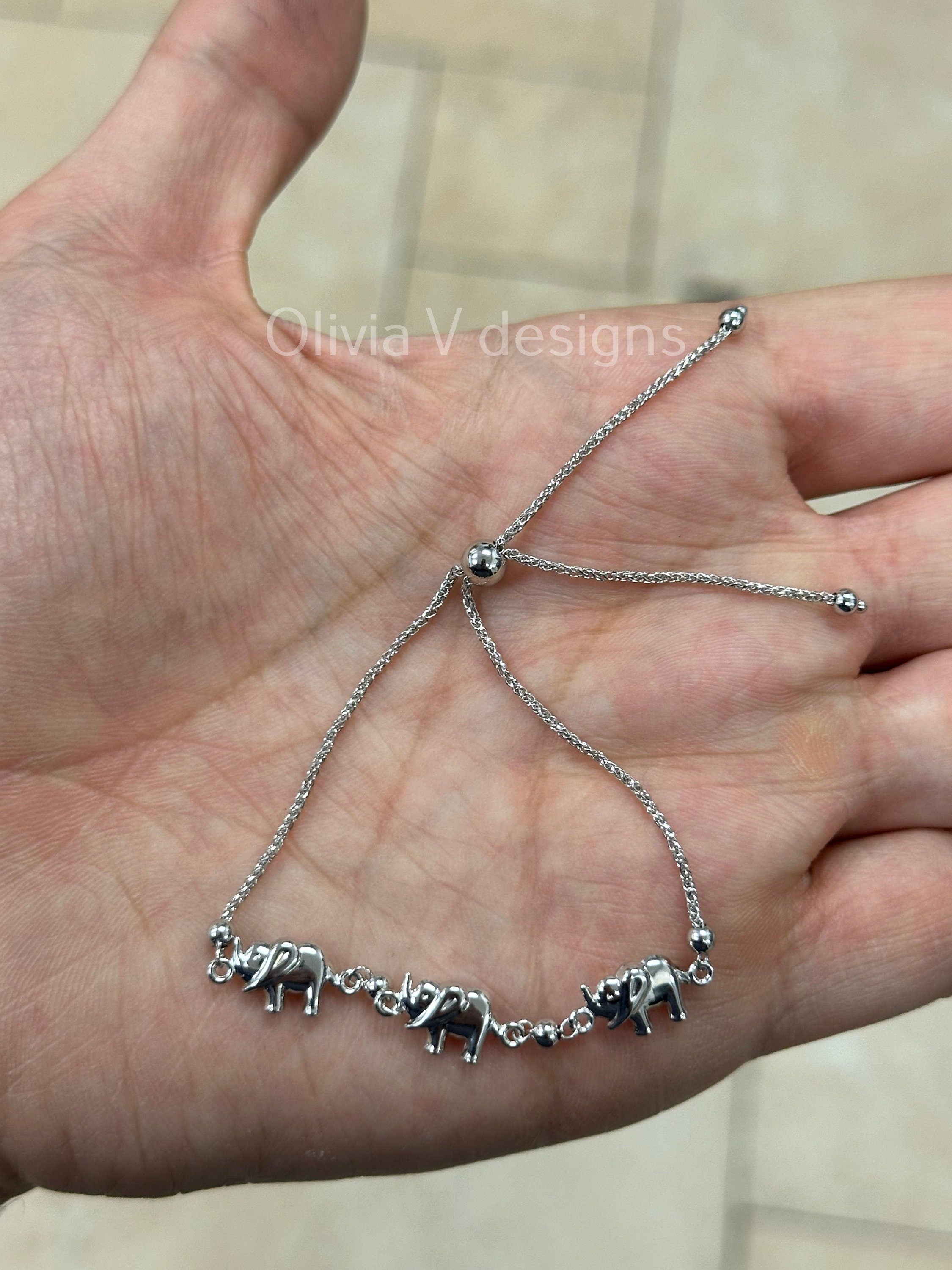 14k White Gold Puffy Elephant Adjustable Bolo Bracelet, Handcrafted, 14k Solid Link Bracelet, Animal Bracelet, Minimalist, Boho