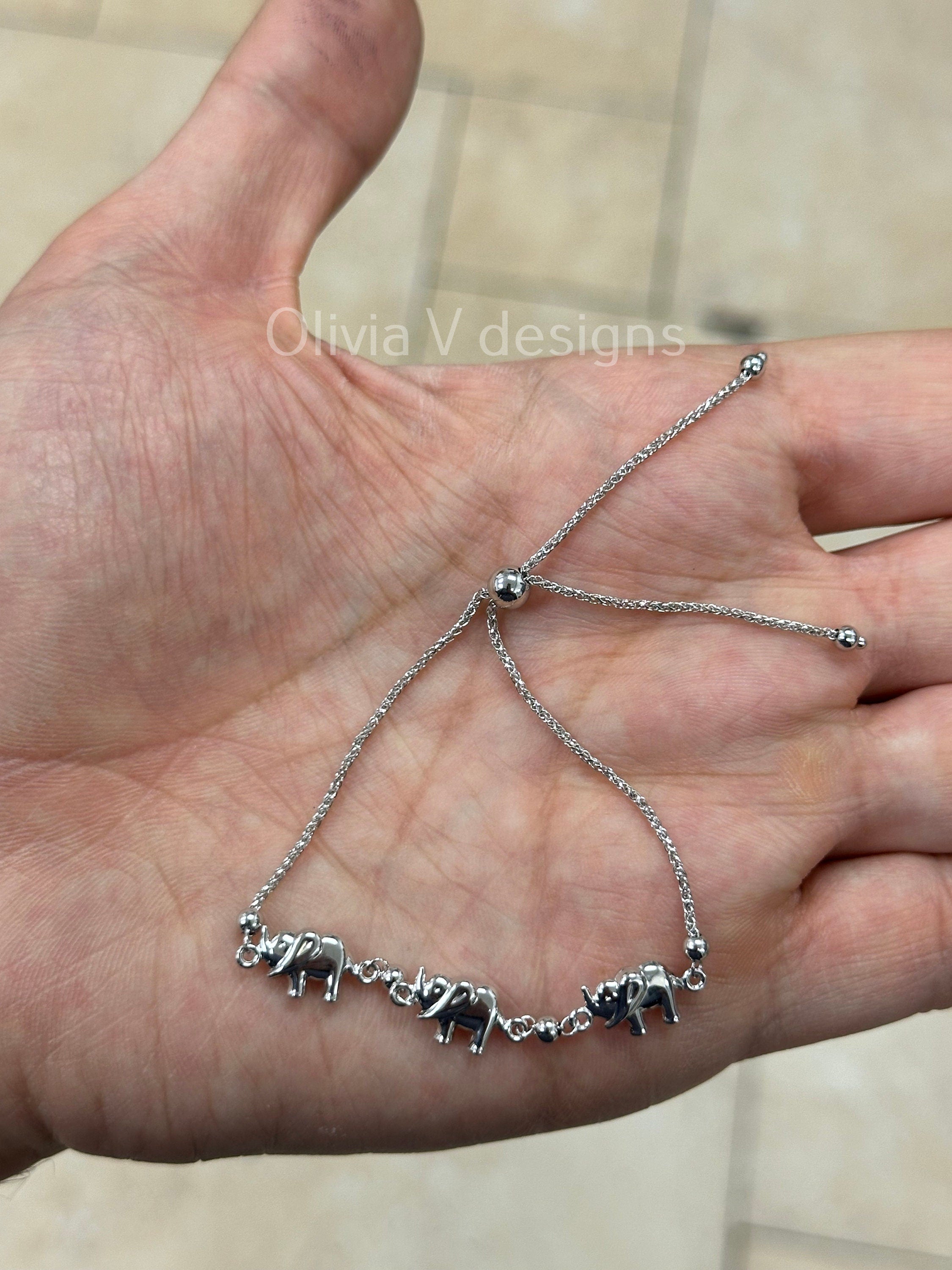 14k White Gold Puffy Elephant Adjustable Bolo Bracelet, Handcrafted, 14k Solid Link Bracelet, Animal Bracelet, Minimalist, Boho