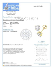 1.00 Carat TW Real Natural Round Diamond Solitaire Stud Earrings 14k Yellow Gold Color G/H AAA Graded