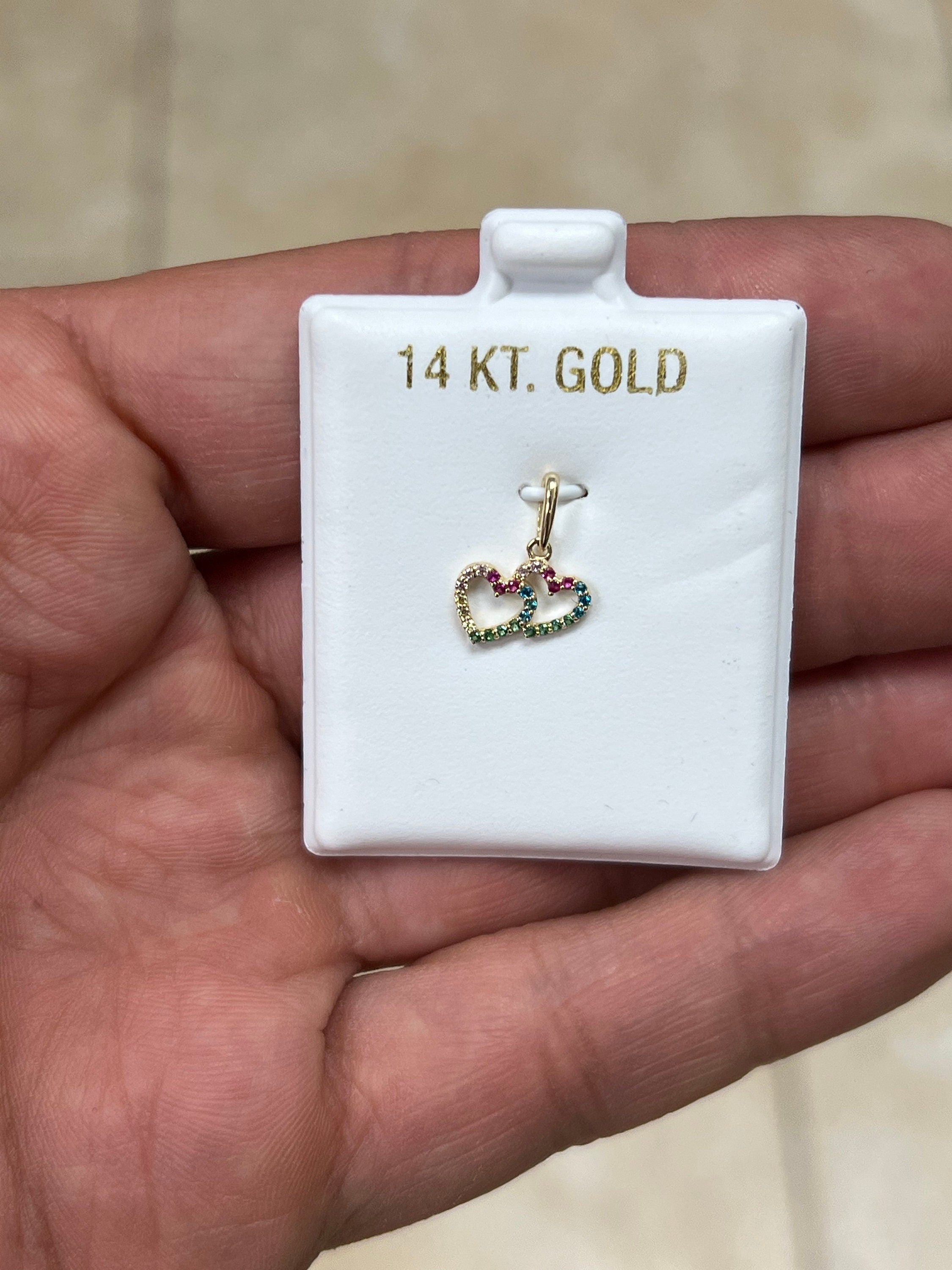 14k Yellow Gold Double Heart Pave Pendant, Love Heart - Genuine 14k Yellow Gold - Pendant Gift, Dainty, Love