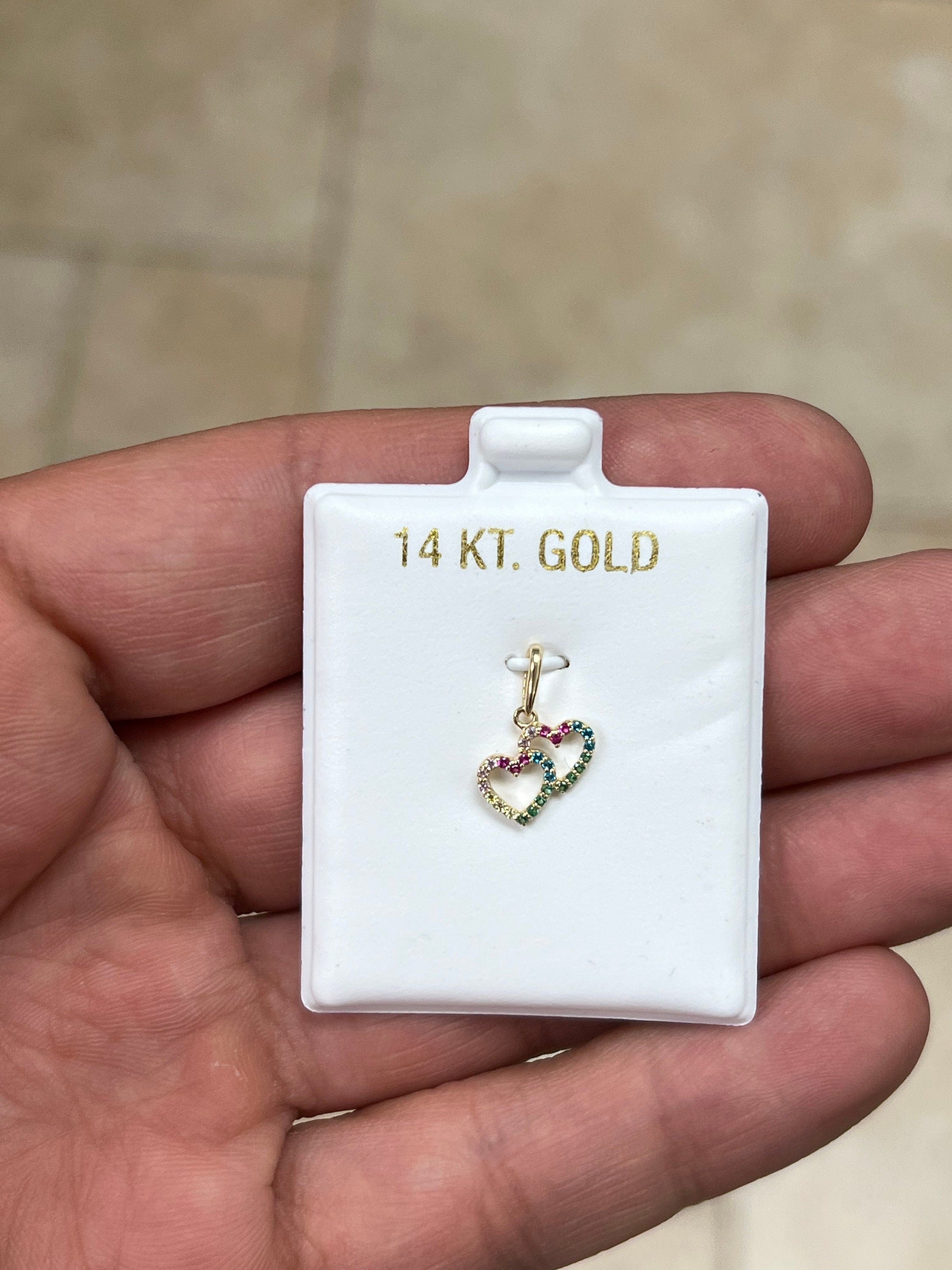 14k Yellow Gold Double Heart Pave Pendant, Love Heart - Genuine 14k Yellow Gold - Pendant Gift, Dainty, Love