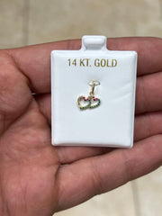14k Yellow Gold Double Heart Pave Pendant, Love Heart - Genuine 14k Yellow Gold - Pendant Gift, Dainty, Love