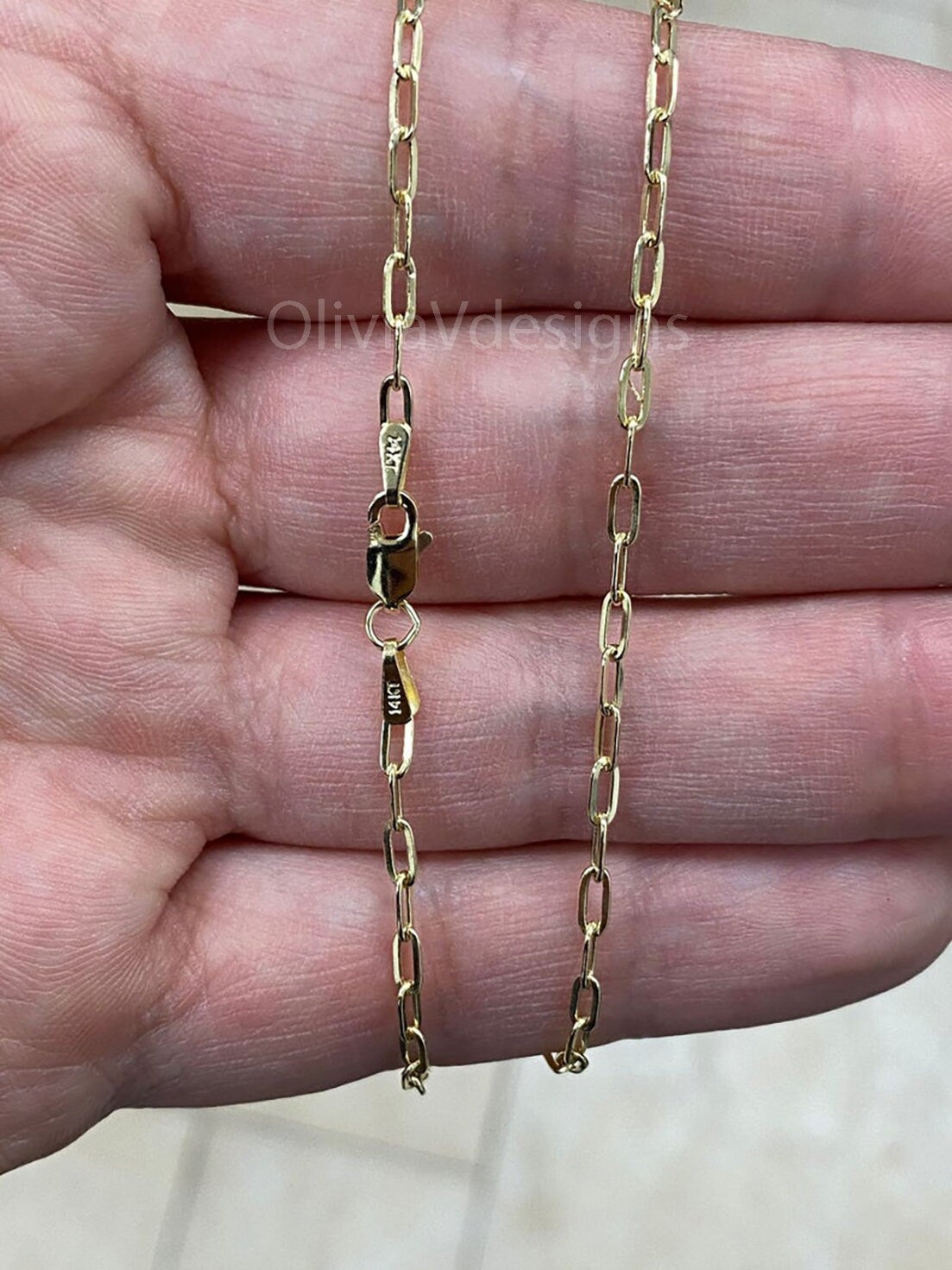 14k Yellow Gold Elongated Link Chain 2x5 , Paper Clip necklace, Rectangular Staple Link Chain Bracelet Necklace For Women, Layering Chain