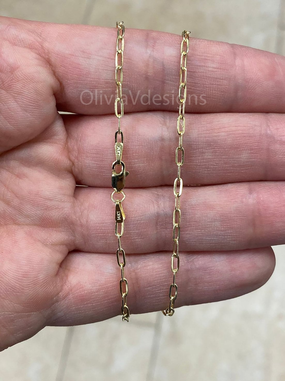 14k Yellow Gold Elongated Link Chain 2x5 , Paper Clip necklace, Rectangular Staple Link Chain Bracelet Necklace For Women, Layering Chain