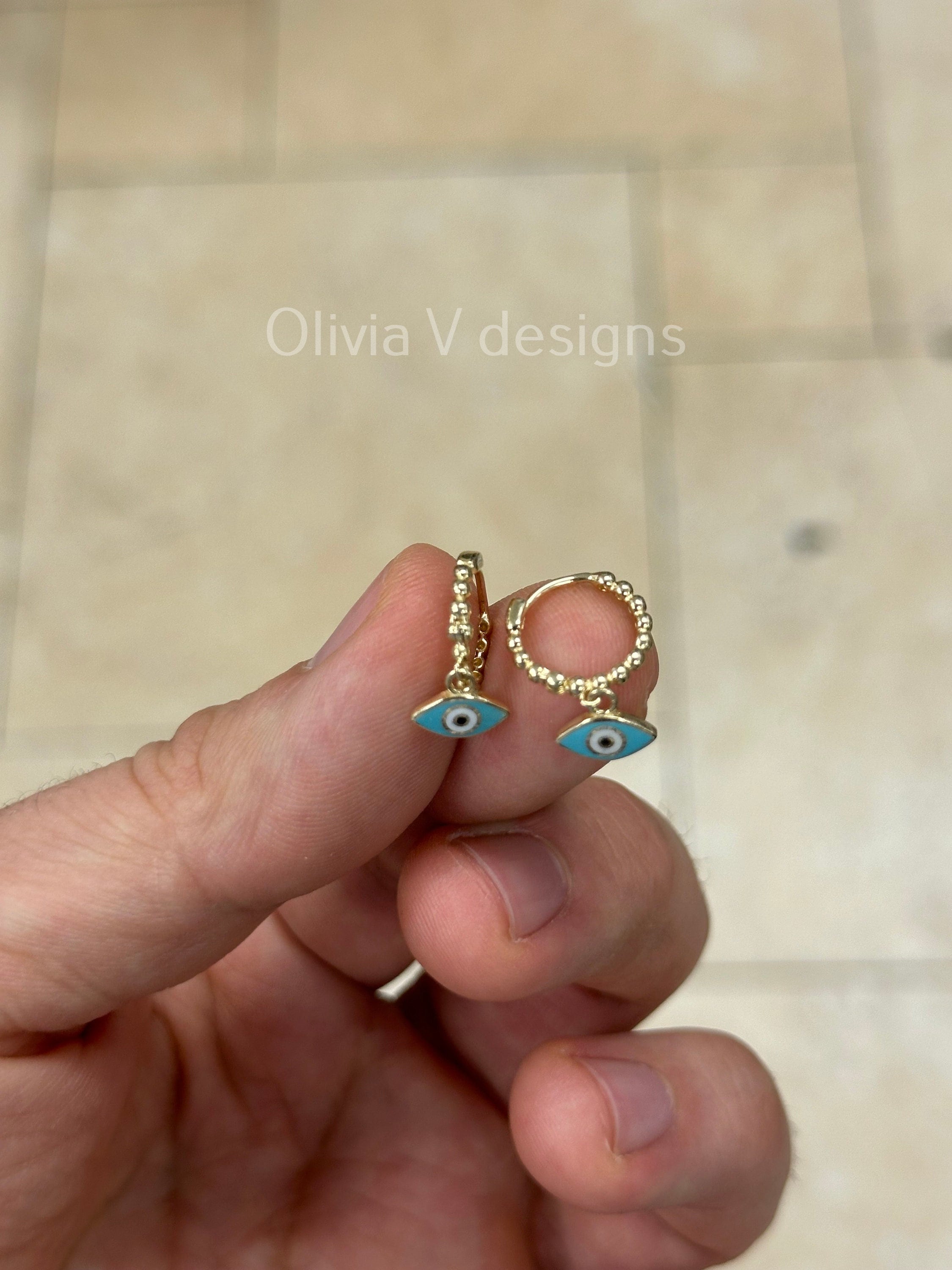 14k Yellow Gold Enamel Evil Eye Huggie Hoop Earrings, Real Genuine 14k Gold, Nazar Earrings, Protect From Eye, Earrings, Gift For Her