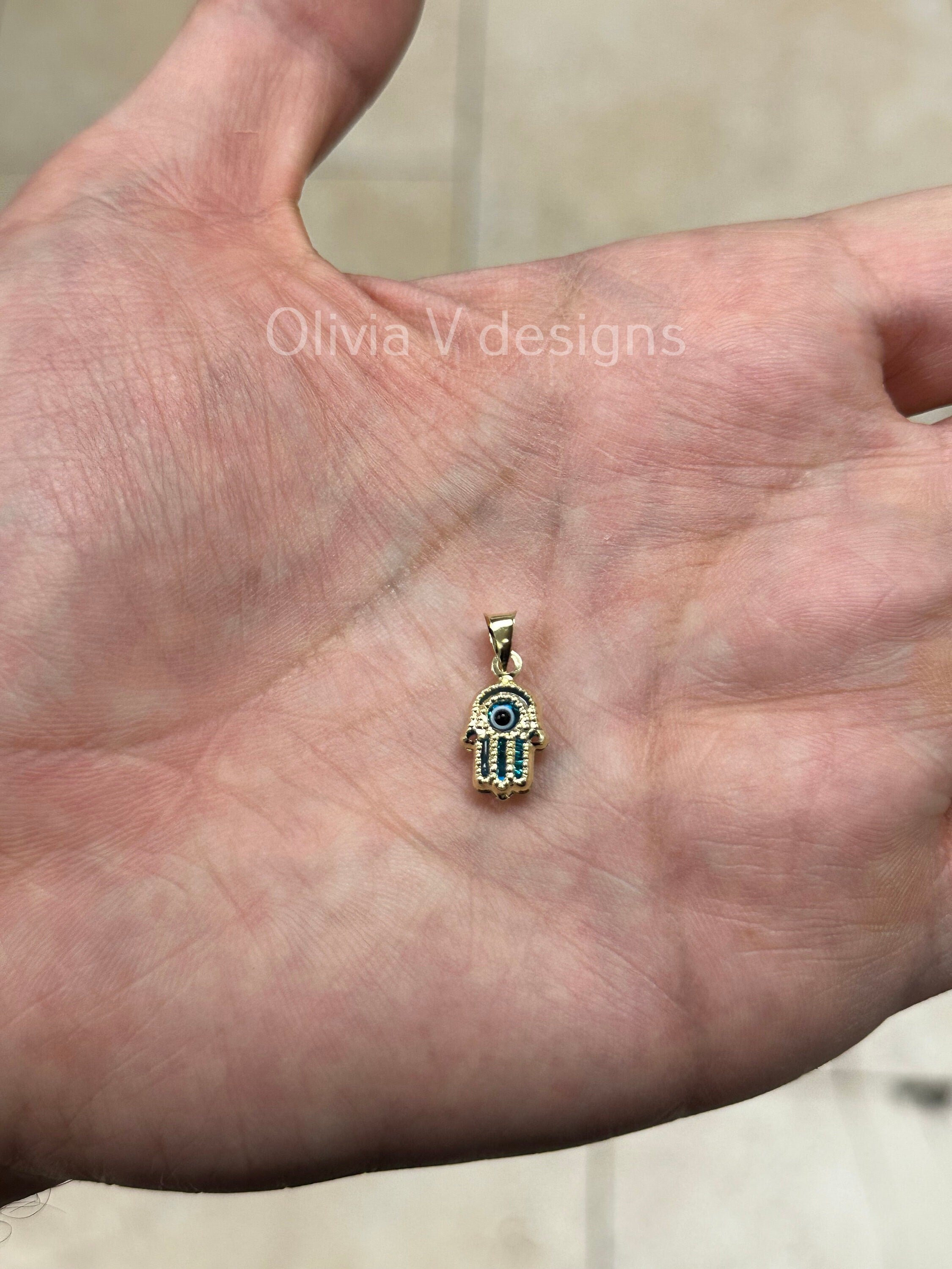 14k Yellow Gold Greek Blue Hamsa Evil Eye Pendant, Dainty Eye - Genuine 14k Yellow Gold - Pendant Gift, Dainty, Good Luck Kabbalah