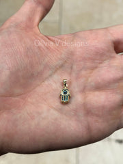 14k Yellow Gold Greek Blue Hamsa Evil Eye Pendant, Dainty Eye - Genuine 14k Yellow Gold - Pendant Gift, Dainty, Good Luck Kabbalah