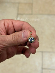 14k Yellow Gold Greek Evil Eye Pendant, Dainty - Genuine 14k Yellow Gold - Talisman Good Luck, , Protection, Diamond Cut, Light Blue, 12mm