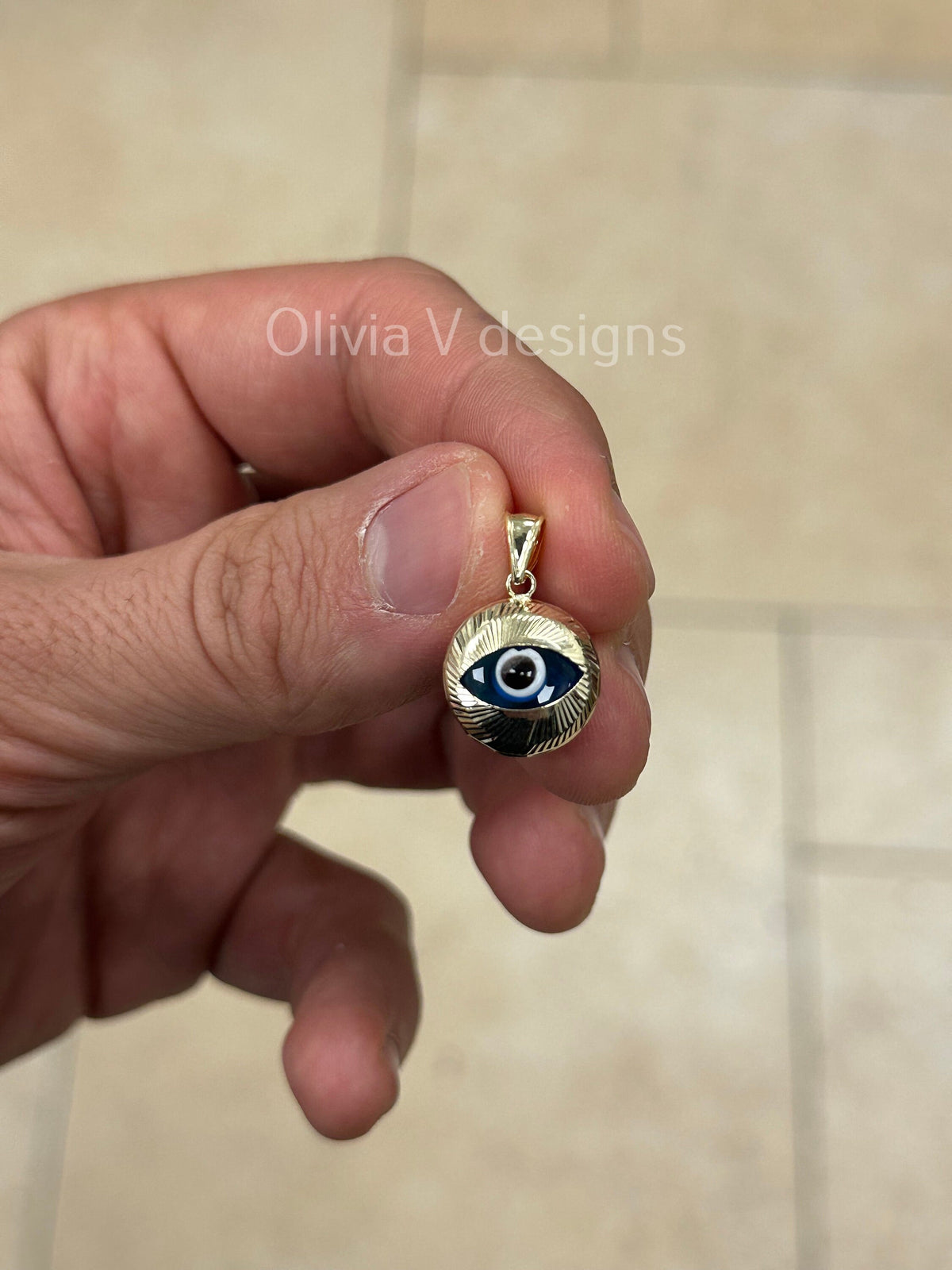 14k Yellow Gold Greek Evil Eye Pendant, Dainty - Genuine 14k Yellow Gold - Talisman Good Luck, , Protection, Diamond Cut, Light Blue, 14mm