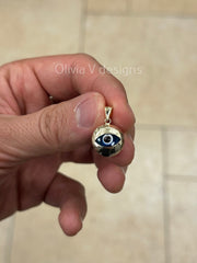 14k Yellow Gold Greek Evil Eye Pendant, Dainty - Genuine 14k Yellow Gold - Talisman Good Luck, , Protection, Diamond Cut, Light Blue, 14mm