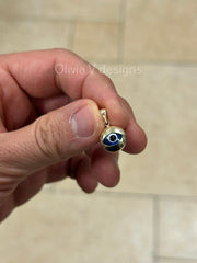 14k Yellow Gold Greek Evil Eye Pendant, Dainty - Genuine 14k Yellow Gold - Talisman Good Luck, , Protection, Diamond Cut, Light Blue, 12mm