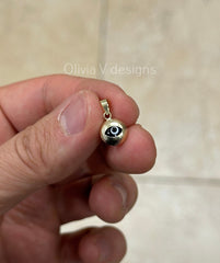 14k Yellow Gold Greek Evil Eye Pendant, Dainty Eye - Genuine 14k Gold - Talisman Good Luck, , Protection, Diamond Cut, Blue, 9mm