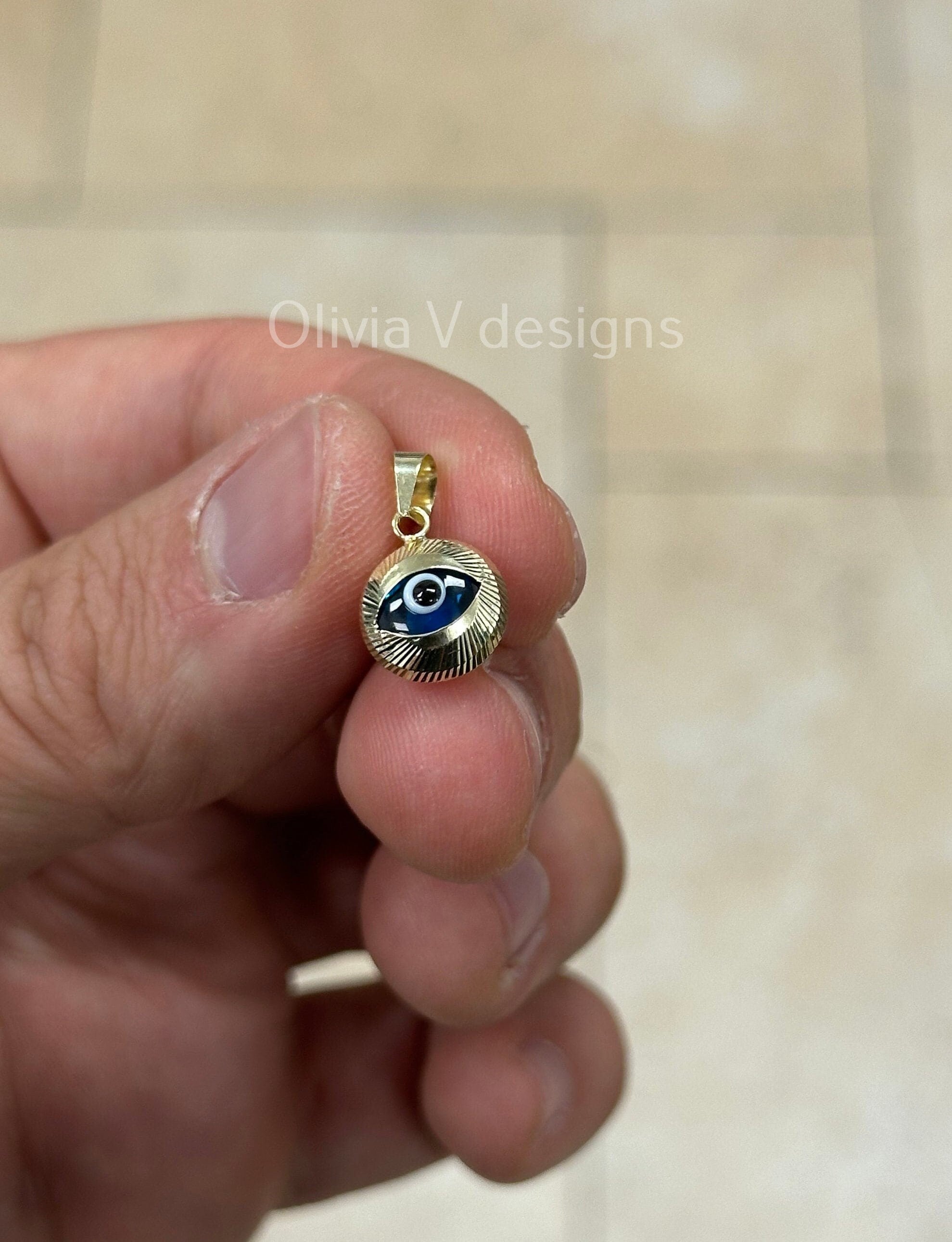 14k Yellow Gold Greek Evil Eye Pendant, Dainty Eye - Genuine 14k Gold - Talisman Good Luck, , Protection, Diamond Cut, Light Blue, 10mm