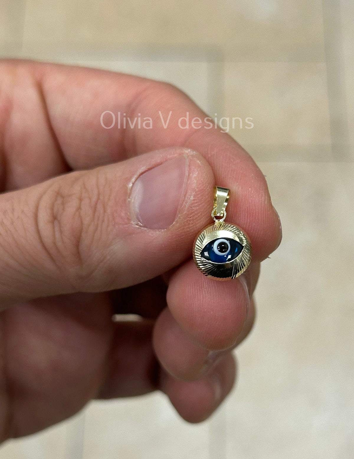 14k Yellow Gold Greek Evil Eye Pendant, Dainty Eye - Genuine 14k Gold - Talisman Good Luck, , Protection, Diamond Cut, Light Blue, 10mm