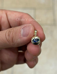 14k Yellow Gold Greek Evil Eye Pendant, Dainty Eye - Genuine 14k Gold - Talisman Good Luck, , Protection, Diamond Cut, Light Blue, 10mm