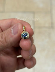 14k Yellow Gold Greek Evil Eye Pendant, Dainty Eye - Genuine 14k Gold - Talisman Good Luck, , Protection, Diamond Cut, Light Blue, 10mm