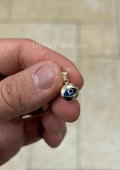 14k Yellow Gold Greek Evil Eye Pendant, Dainty Eye - Genuine 14k Gold - Talisman Good Luck, , Protection, Diamond Cut, Light Blue, 10mm