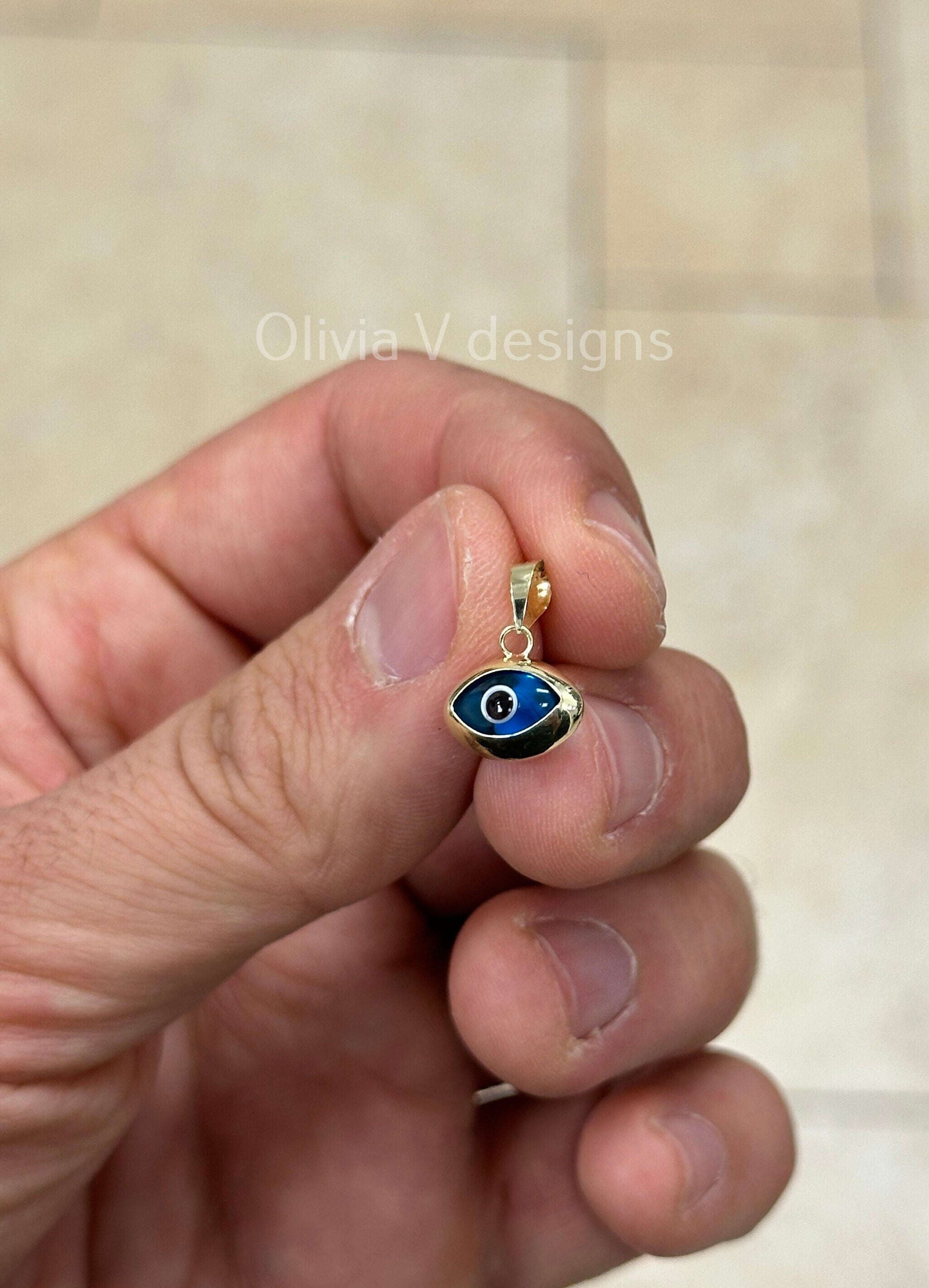 14k Yellow Gold Greek Evil Eye Pendant, Dainty Eye - Genuine 14k Yellow Gold - Pendant Gift, Dainty, Good Luck Protection Charm, Light Blue
