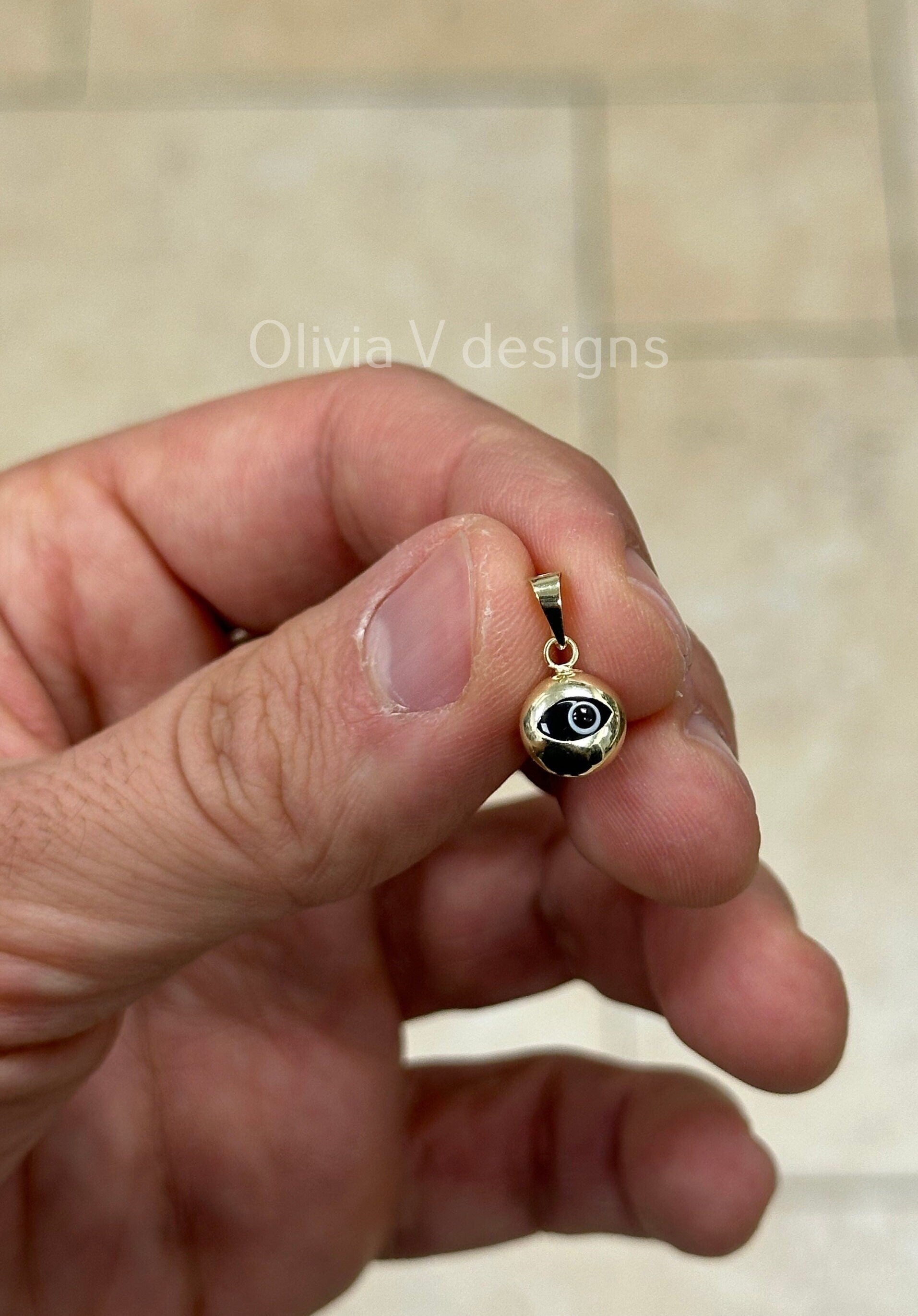 14k Yellow Gold Greek Evil Eye Pendant, Dainty Eye - Genuine 14k Yellow Gold - Pendant Gift, Blue, Good Luck Protection Charm, 8mm