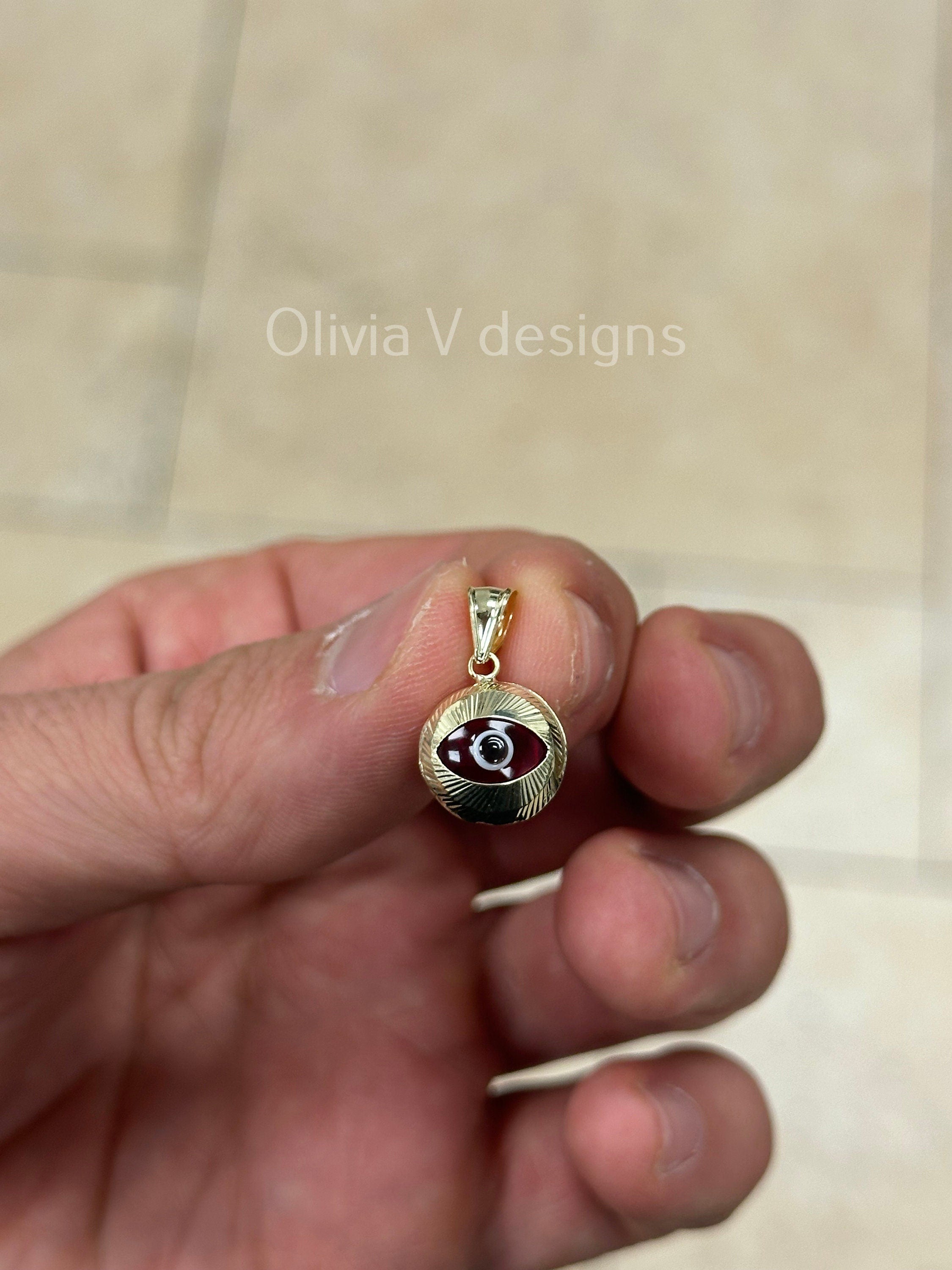 14k Yellow Gold Greek Evil Eye Pendant, Dainty Eye - Genuine 14k Yellow Gold - Talisman Good Luck, , Protection, Diamond Cut, Red, 12mm