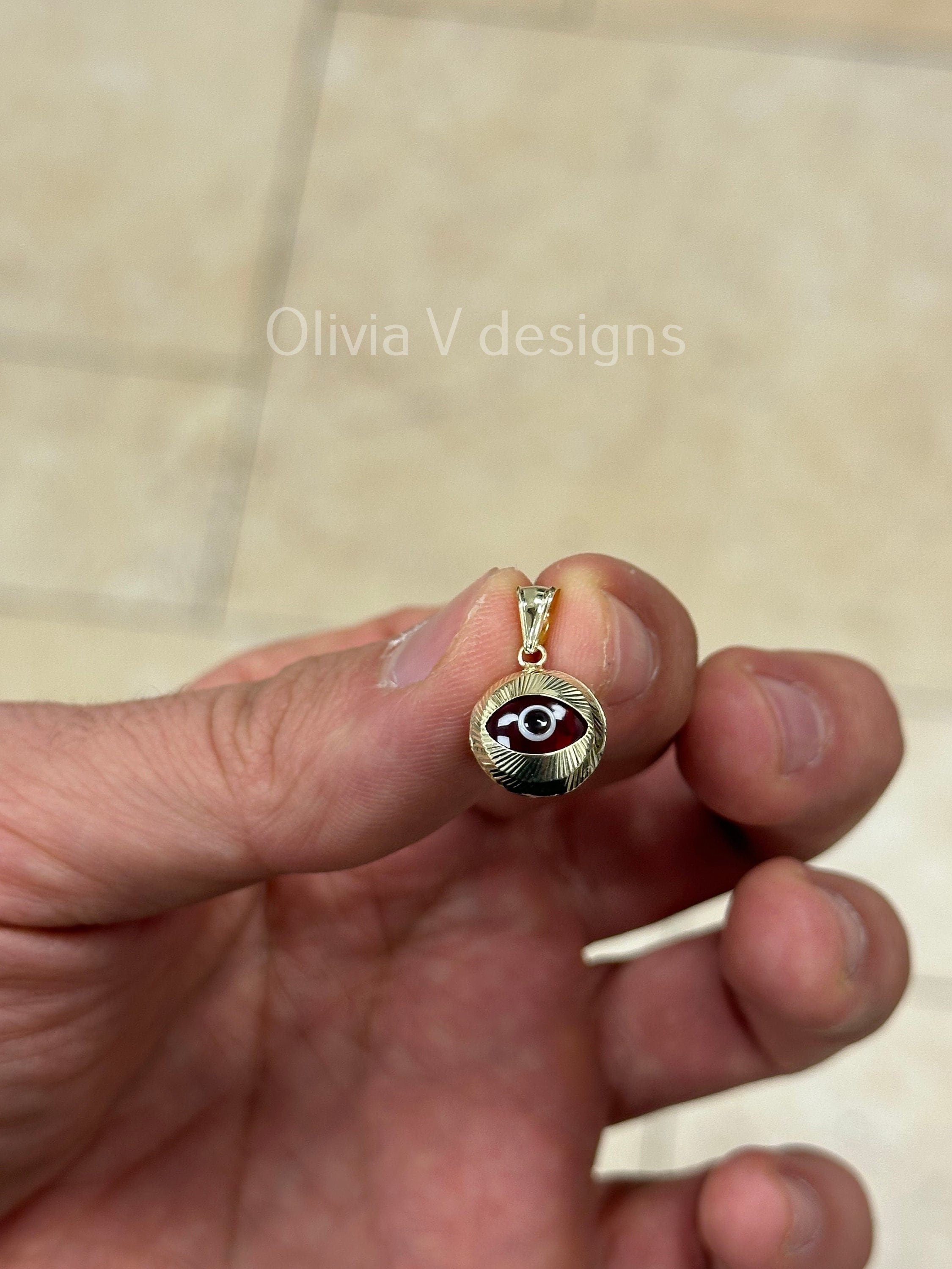 14k Yellow Gold Greek Evil Eye Pendant, Dainty Eye - Genuine 14k Yellow Gold - Talisman Good Luck, , Protection, Diamond Cut, Red, 12mm