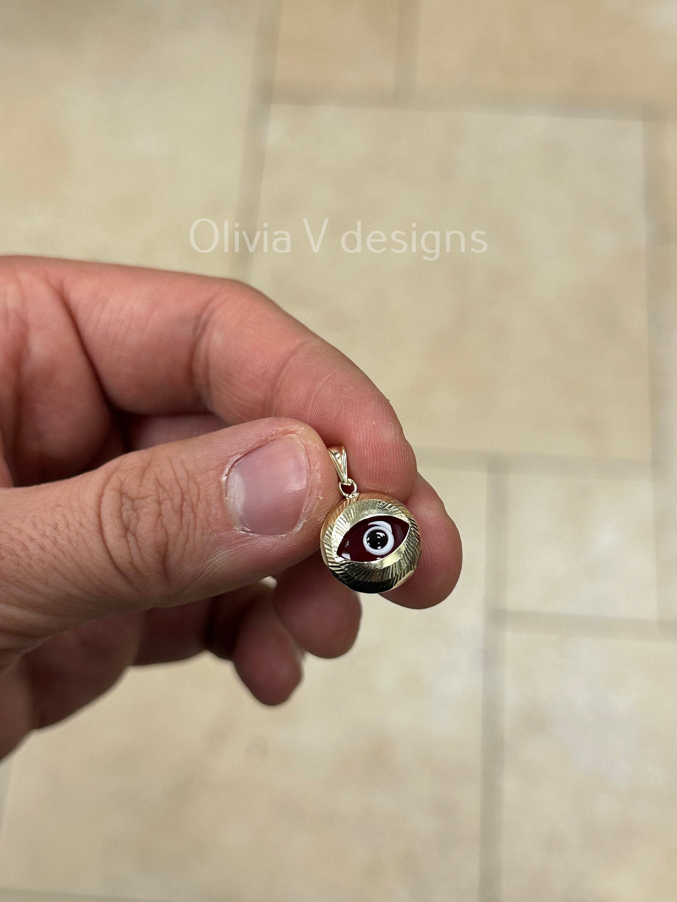 14k Yellow Gold Greek Evil Eye Pendant, Dainty Eye - Genuine 14k Yellow Gold - Talisman Good Luck, , Protection, Diamond Cut, Red, 14mm