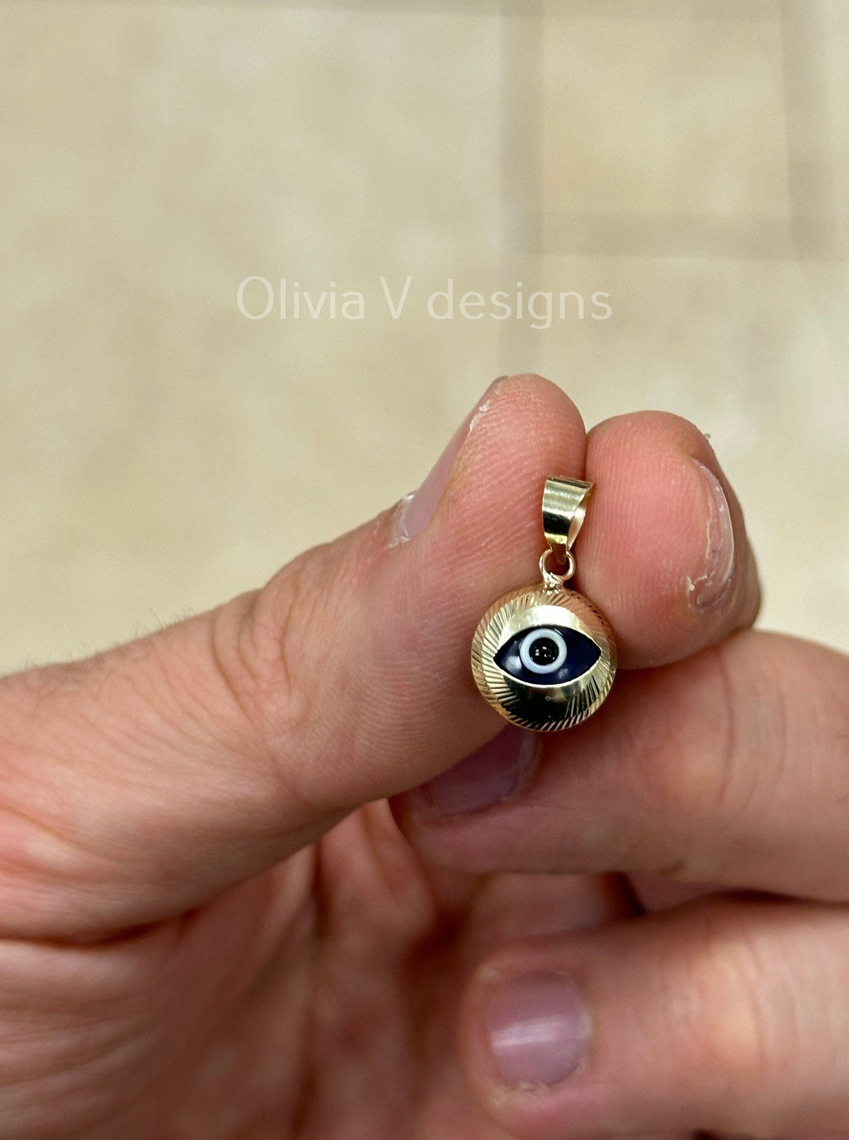14k Yellow Gold Greek Evil Eye Pendant, Dainty Eye - Genuine 14k Yellow Gold - Talisman Good Luck, , Protection, Diamond Cut, Blue, 10mm