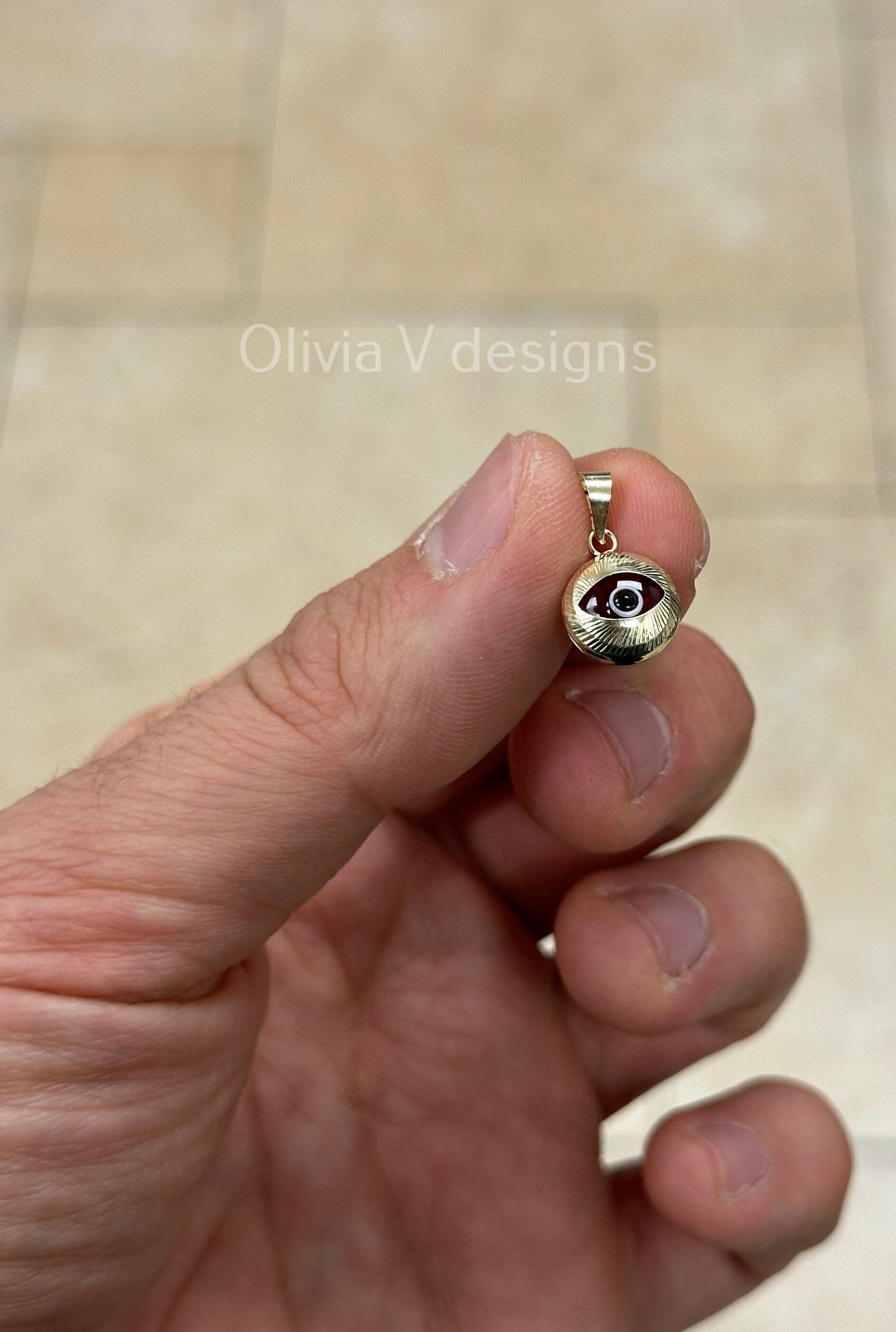 14k Yellow Gold Greek Evil Eye Pendant, Dainty Eye - Genuine 14k Yellow Gold - Talisman Good Luck, , Protection, Diamond Cut, Red, 10mm