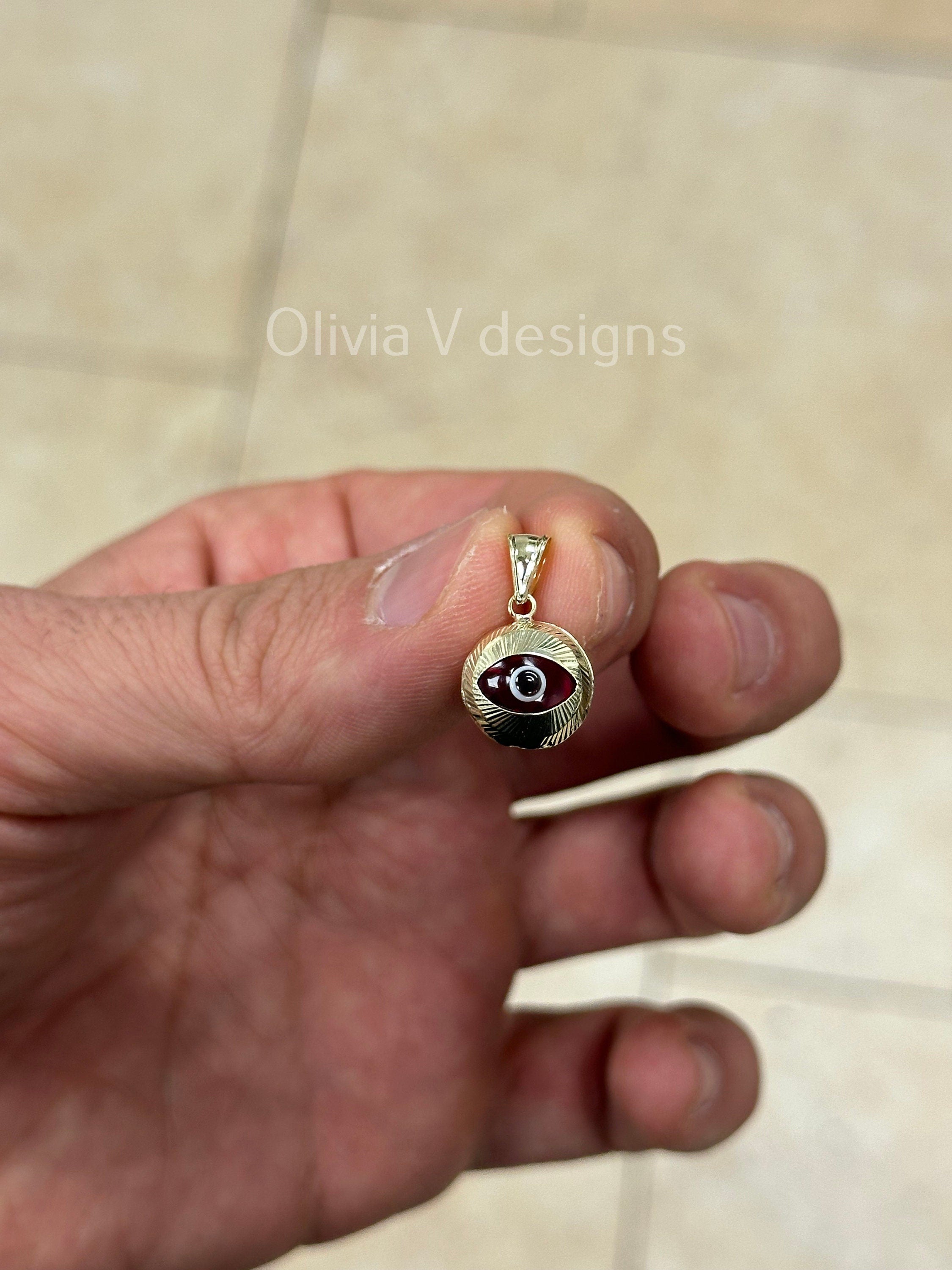 14k Yellow Gold Greek Evil Eye Pendant, Dainty Eye - Genuine 14k Yellow Gold - Talisman Good Luck, , Protection, Diamond Cut, Red, 12mm
