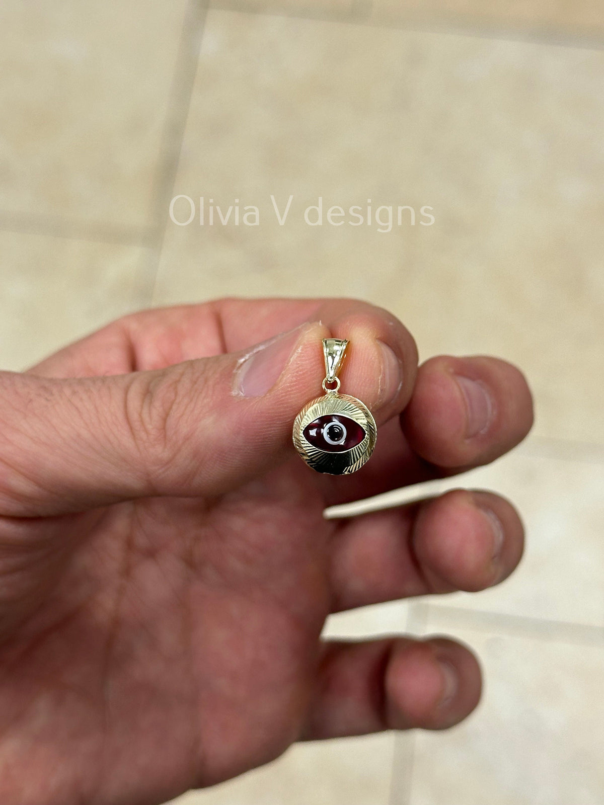 14k Yellow Gold Greek Evil Eye Pendant, Dainty Eye - Genuine 14k Yellow Gold - Talisman Good Luck, , Protection, Diamond Cut, Red, 12mm