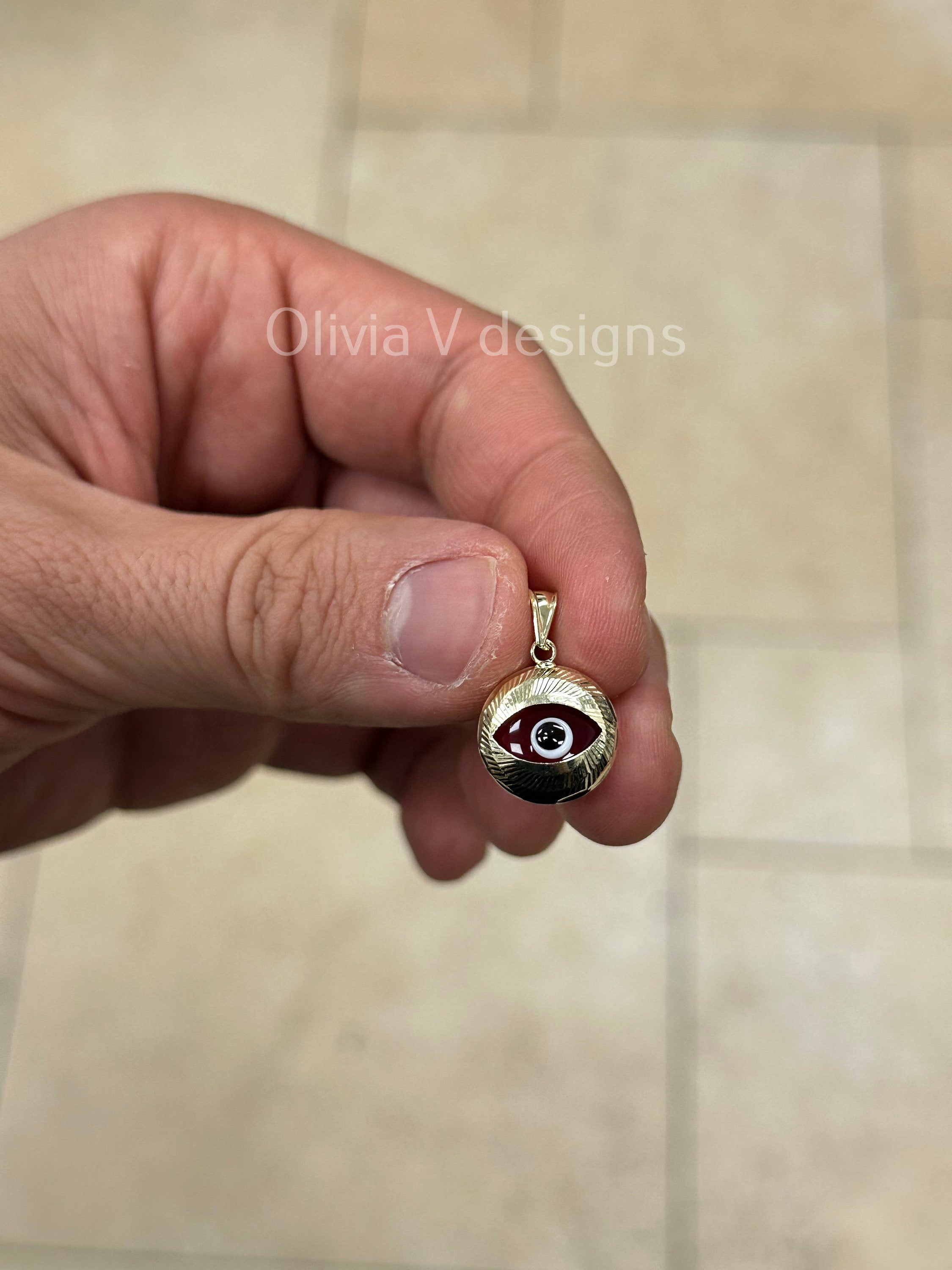 14k Yellow Gold Greek Evil Eye Pendant, Dainty Eye - Genuine 14k Yellow Gold - Talisman Good Luck, , Protection, Diamond Cut, Red, 14mm