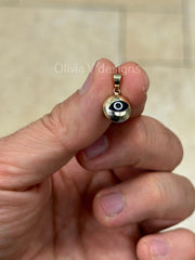14k Yellow Gold Greek Evil Eye Pendant, Dainty Eye - Genuine 14k Yellow Gold - Talisman Good Luck, , Protection, Diamond Cut, Blue, 10mm