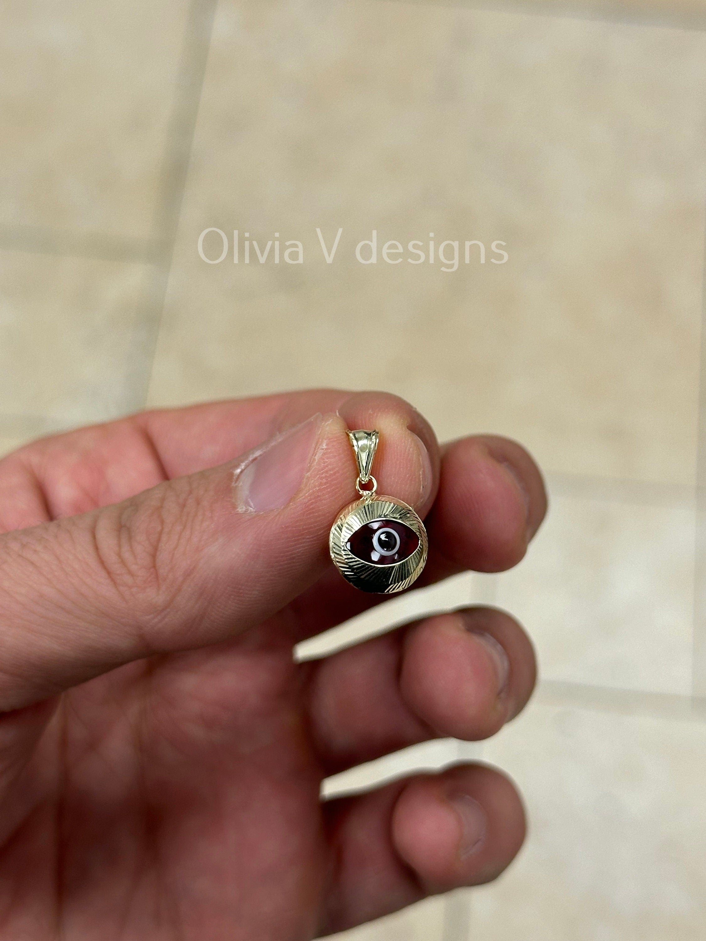 14k Yellow Gold Greek Evil Eye Pendant, Dainty Eye - Genuine 14k Yellow Gold - Talisman Good Luck, , Protection, Diamond Cut, Red, 12mm