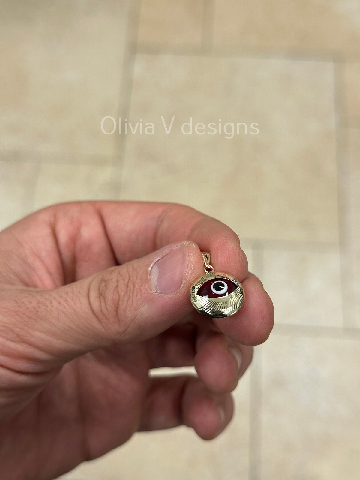 14k Yellow Gold Greek Evil Eye Pendant, Dainty Eye - Genuine 14k Yellow Gold - Talisman Good Luck, , Protection, Diamond Cut, Red, 14mm