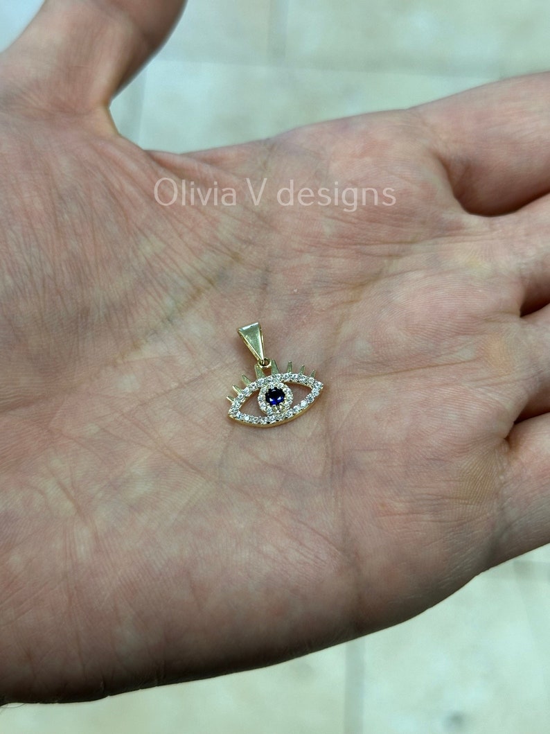 14k Yellow Gold Greek Evil Eye Sapphire Pendant, Dainty Eye - Genuine 14k Yellow Gold - Pendant Gift, Dainty, Good Luck Protection Charm