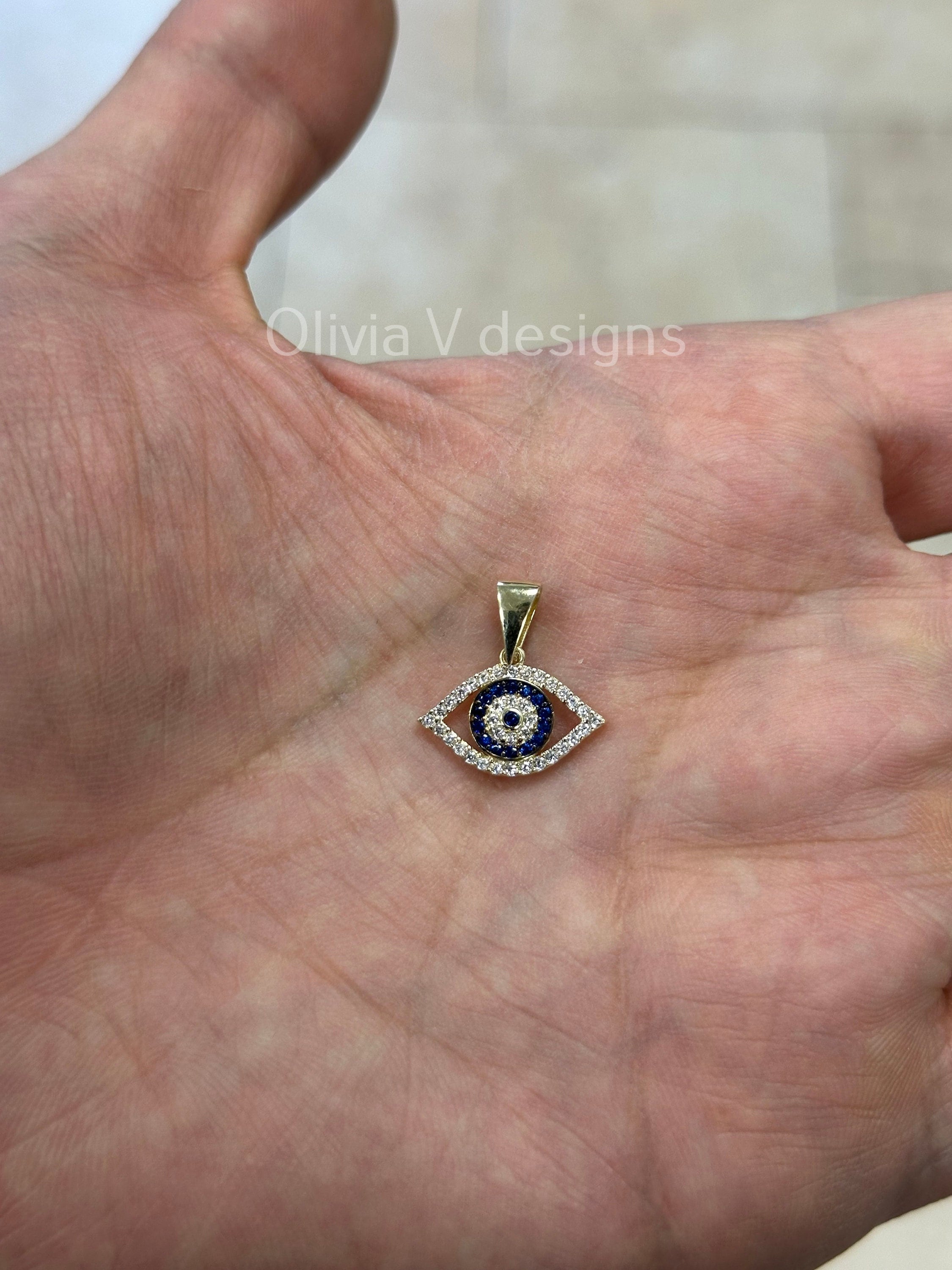 14k Yellow Gold Greek Evil Eye Sapphire Pendant, Dainty Eye - Genuine 14k Yellow Gold - Pendant Gift, Dainty, Good Luck Protection Charm