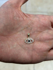 14k Yellow Gold Greek Evil Eye Sapphire Pendant, Dainty Eye - Genuine 14k Yellow Gold - Pendant Gift, Dainty, Good Luck Protection Charm