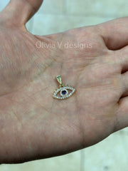 14k Yellow Gold Greek Evil Eye Sapphire Pendant, Dainty Eye - Genuine 14k Yellow Gold - Pendant Gift, Dainty, Good Luck Protection Charm