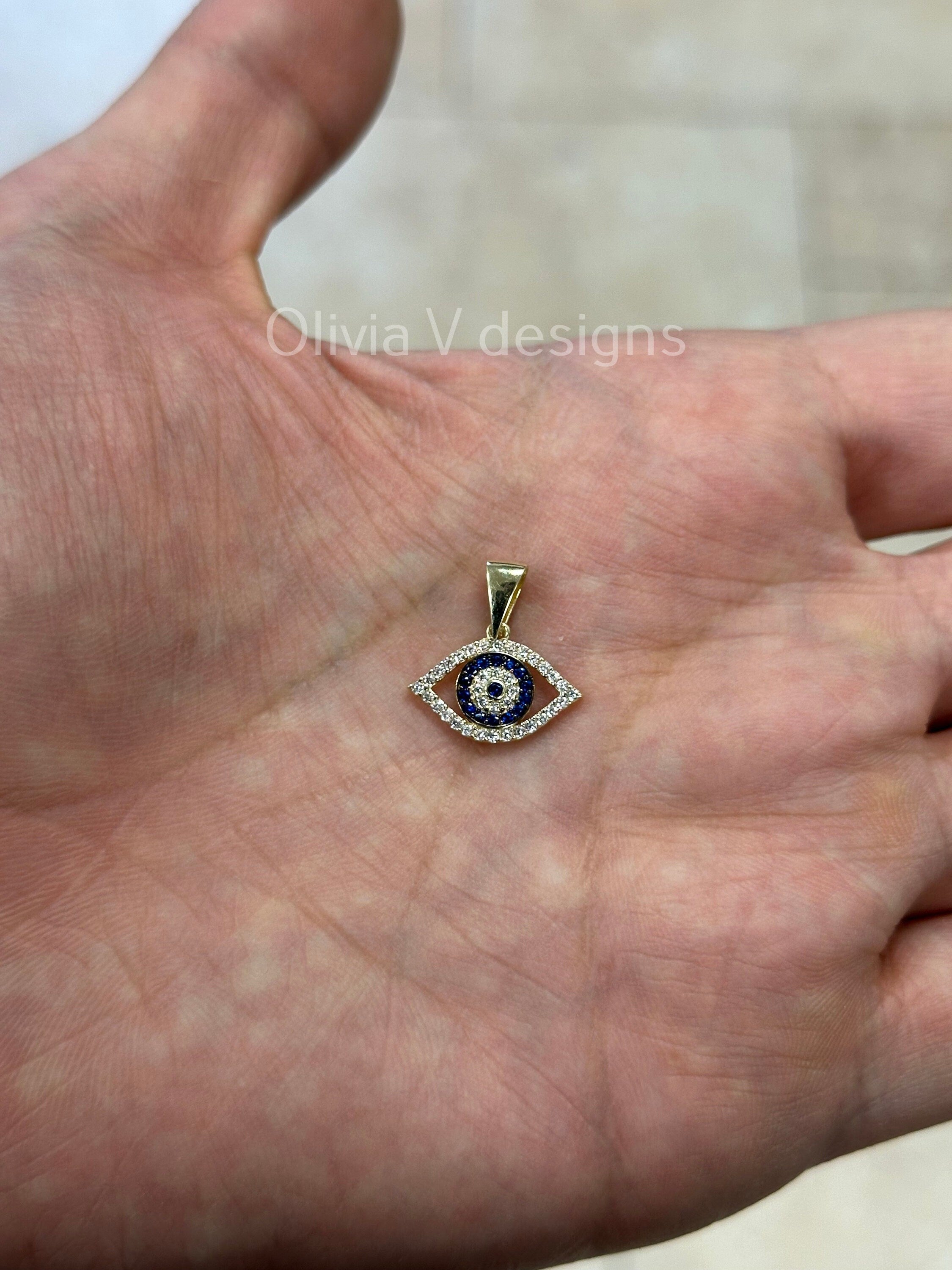 14k Yellow Gold Greek Evil Eye Sapphire Pendant, Dainty Eye - Genuine 14k Yellow Gold - Pendant Gift, Dainty, Good Luck Protection Charm