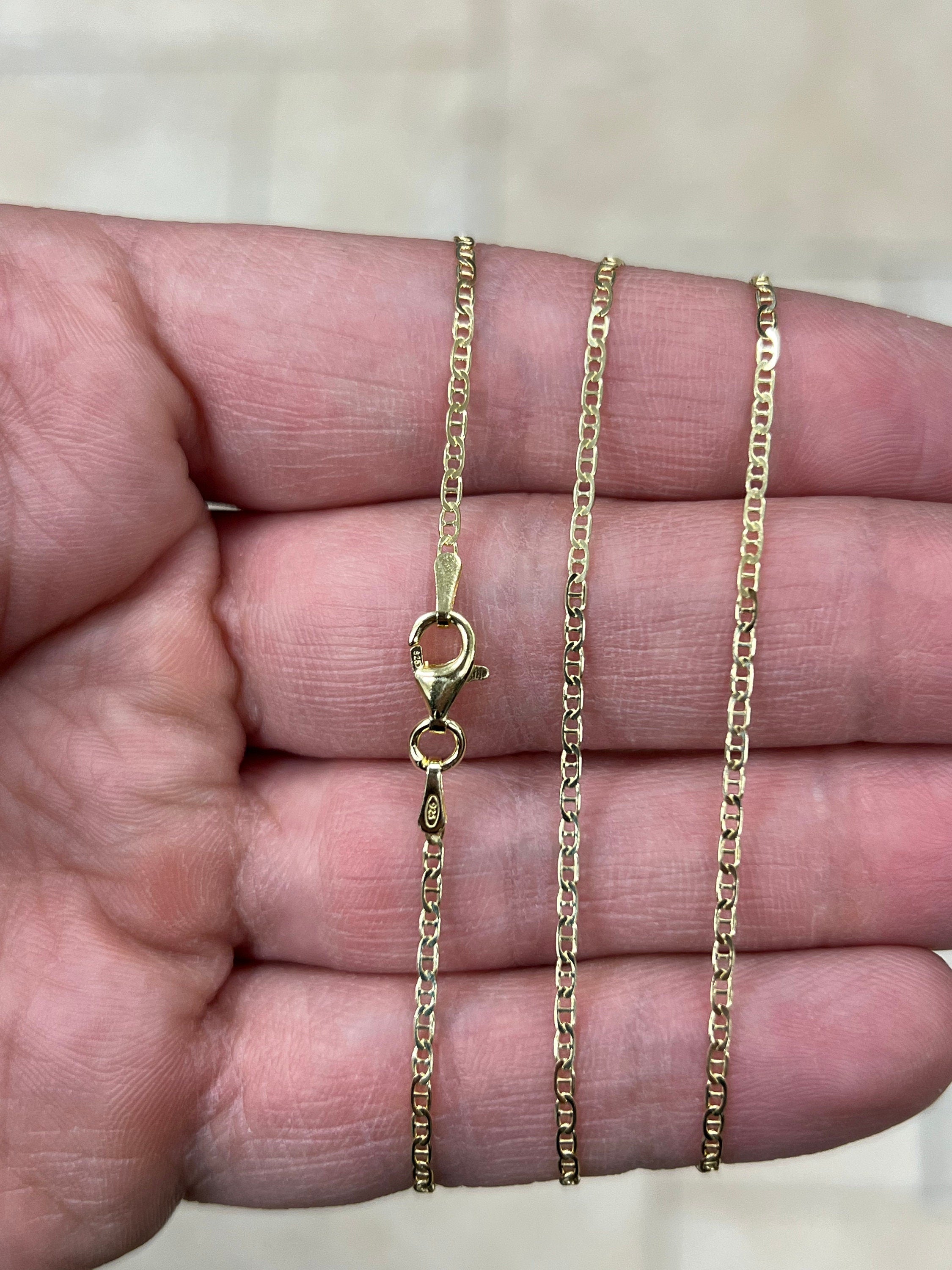 14k Yellow Gold Over 925 Sterling Silver 1.8mm Flat Mariner Link Anchor Chain Necklace , Italy, 16'' 18'' 20'' 22'' 24'' 26'' 28'' 30''