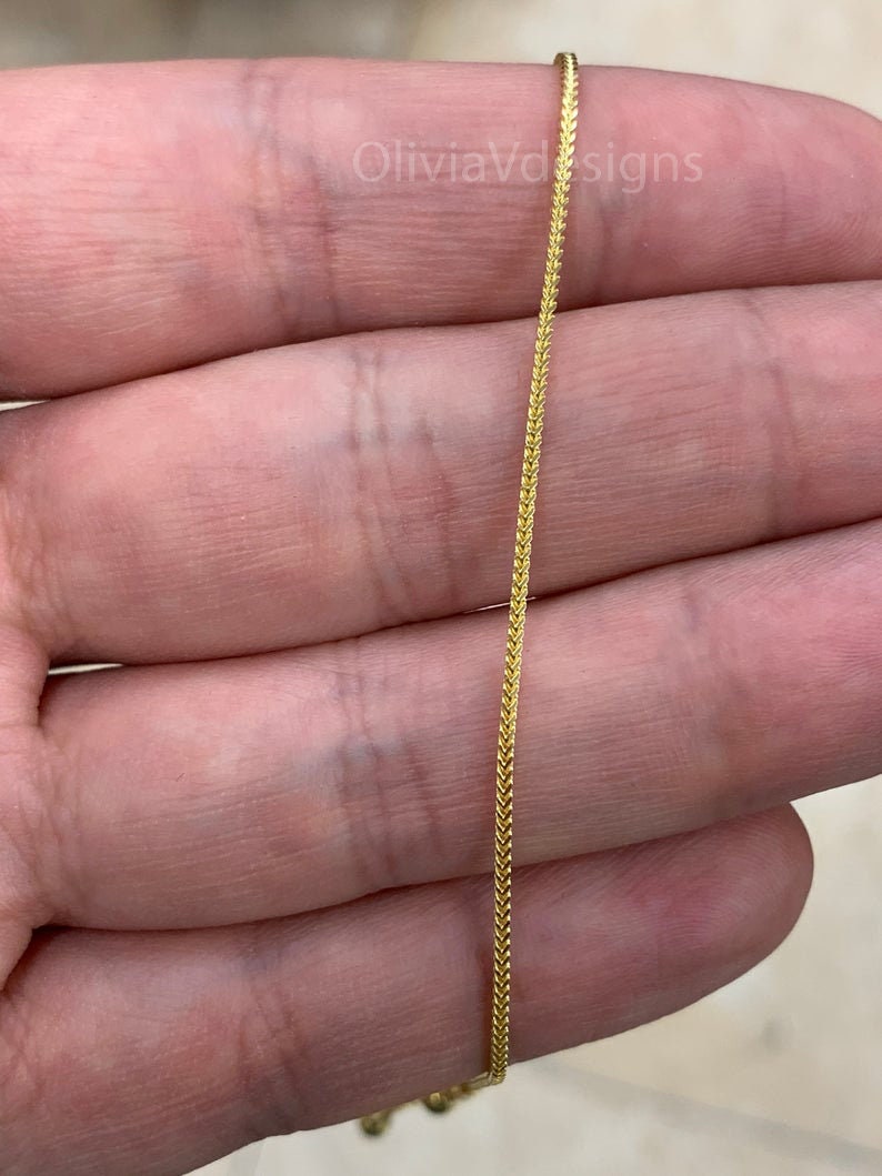 14k Yellow Gold Over 925 Sterling Silver Franco Wheat Foxtail Necklace 24" 1mm 925 Sterling Silver, High Quality, Slider, Adjustable Chain