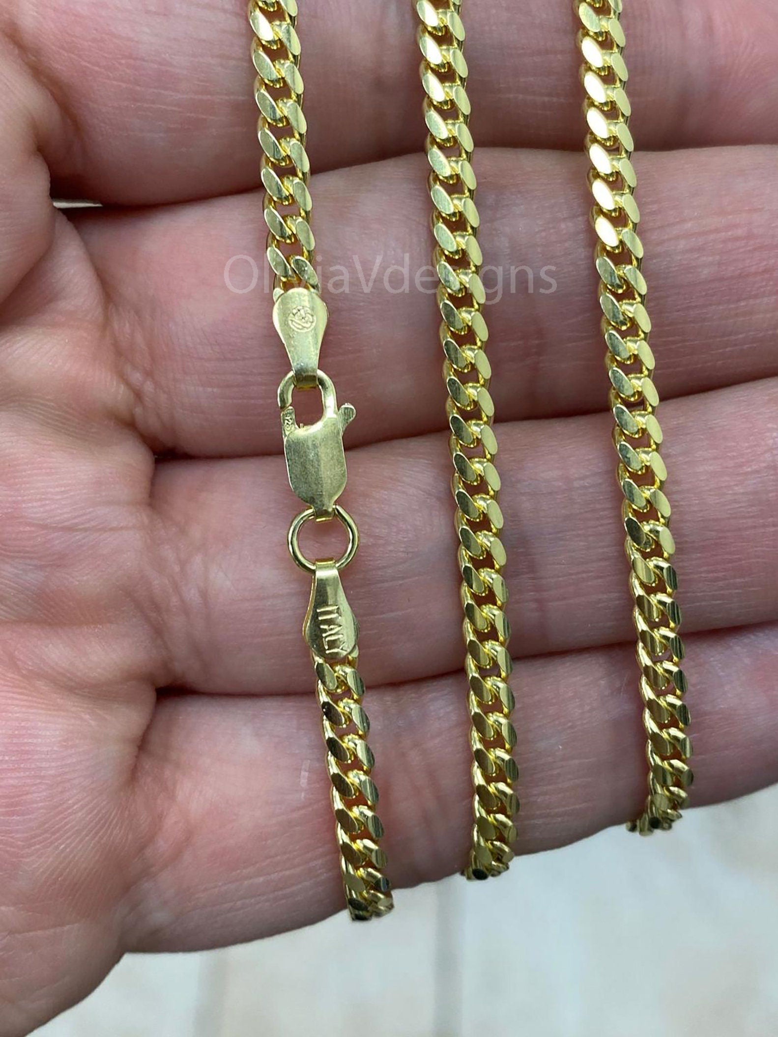 14k Yellow Gold Over 925 Sterling Silver Italian Chain Necklace, Solid Miami Cuban Curb Link Chain, 3.2mm Necklace Chain, Gift, Cuban