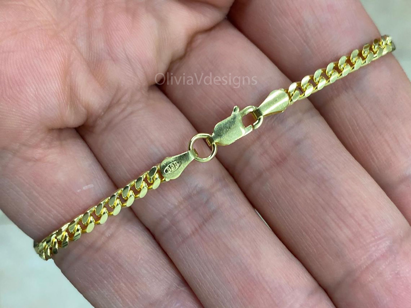 14k Yellow Gold Over 925 Sterling Silver Italian Chain Necklace, Solid Miami Cuban Curb Link Chain, 3.2mm Necklace Chain, Gift, Cuban