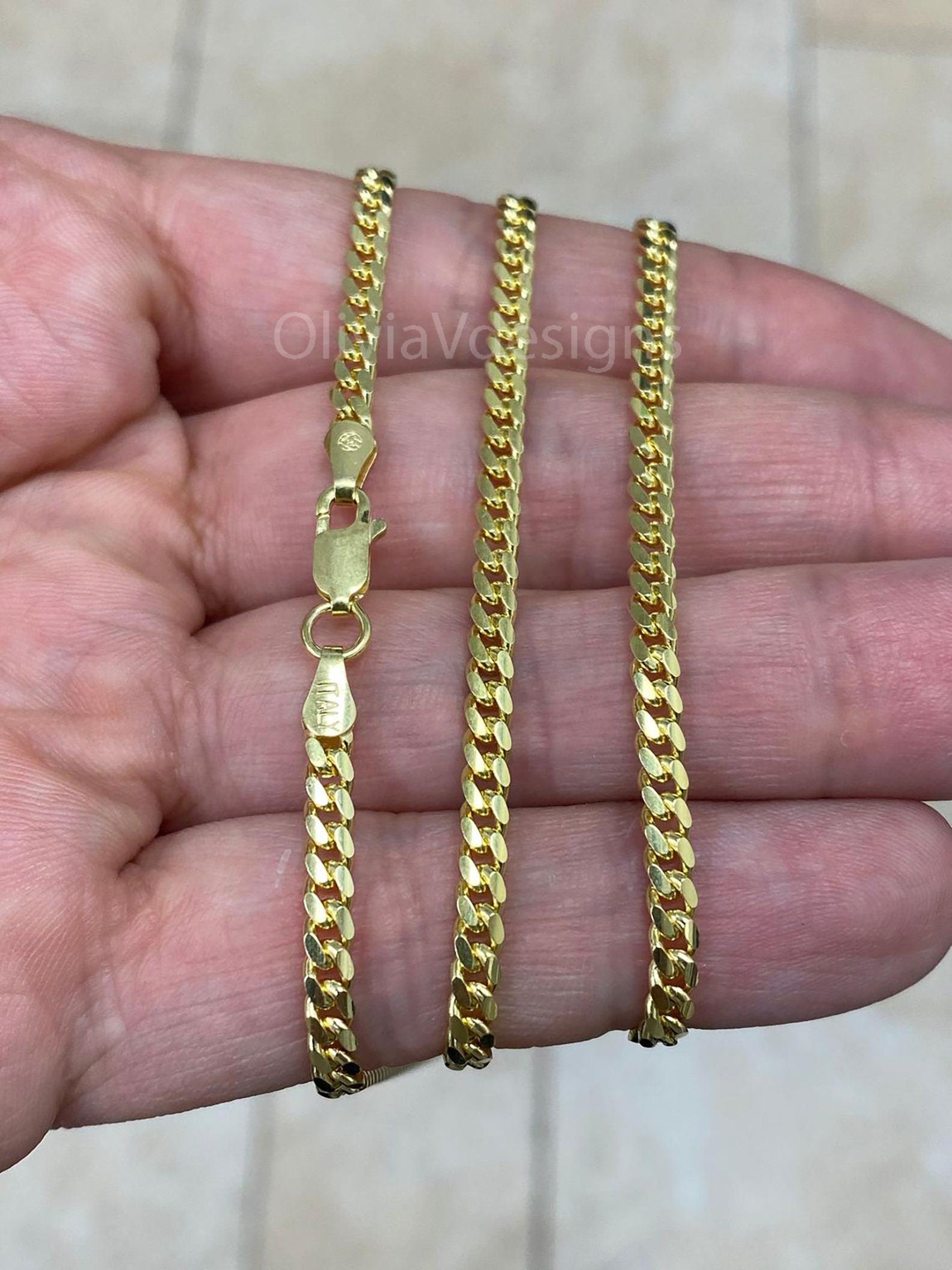 14k Yellow Gold Over 925 Sterling Silver Italian Chain Necklace, Solid Miami Cuban Curb Link Chain, 3.2mm Necklace Chain, Gift, Cuban