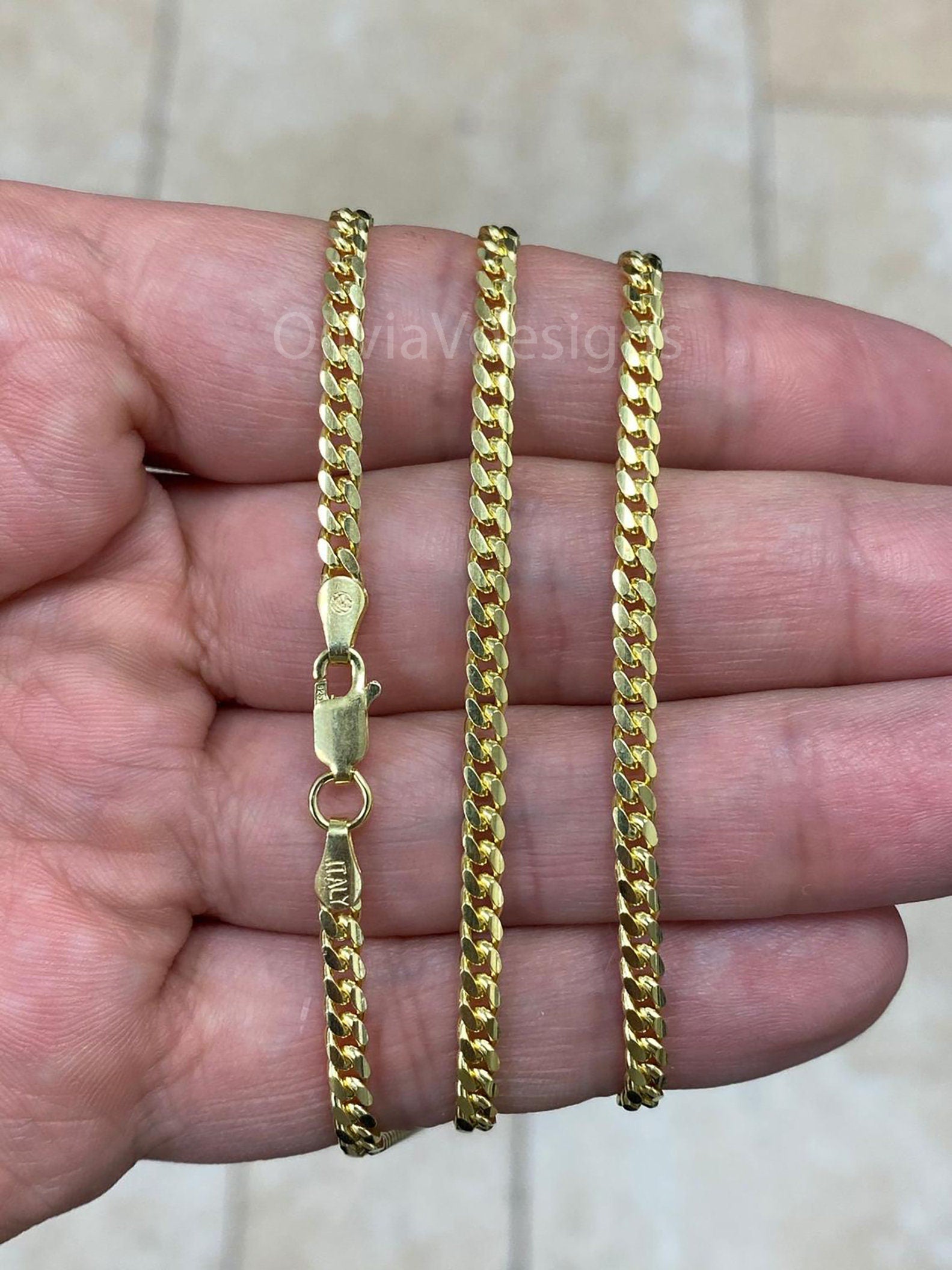 14k Yellow Gold Over 925 Sterling Silver Italian Chain Necklace, Solid Miami Cuban Curb Link Chain, 3.2mm Necklace Chain, Gift, Cuban