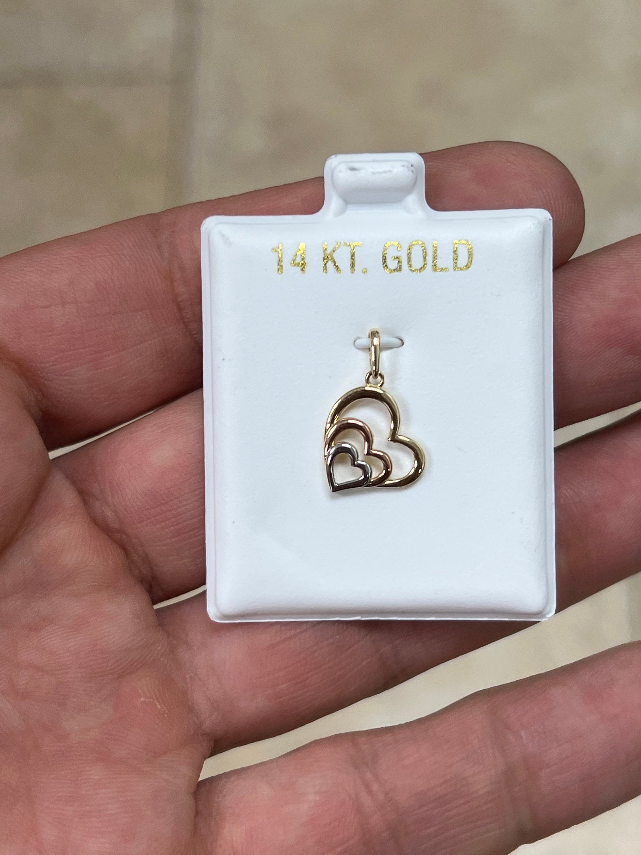 14k Yellow Gold Tri-Color Heart Pendant, Love Heart - Genuine 14k Yellow Gold - Pendant Gift