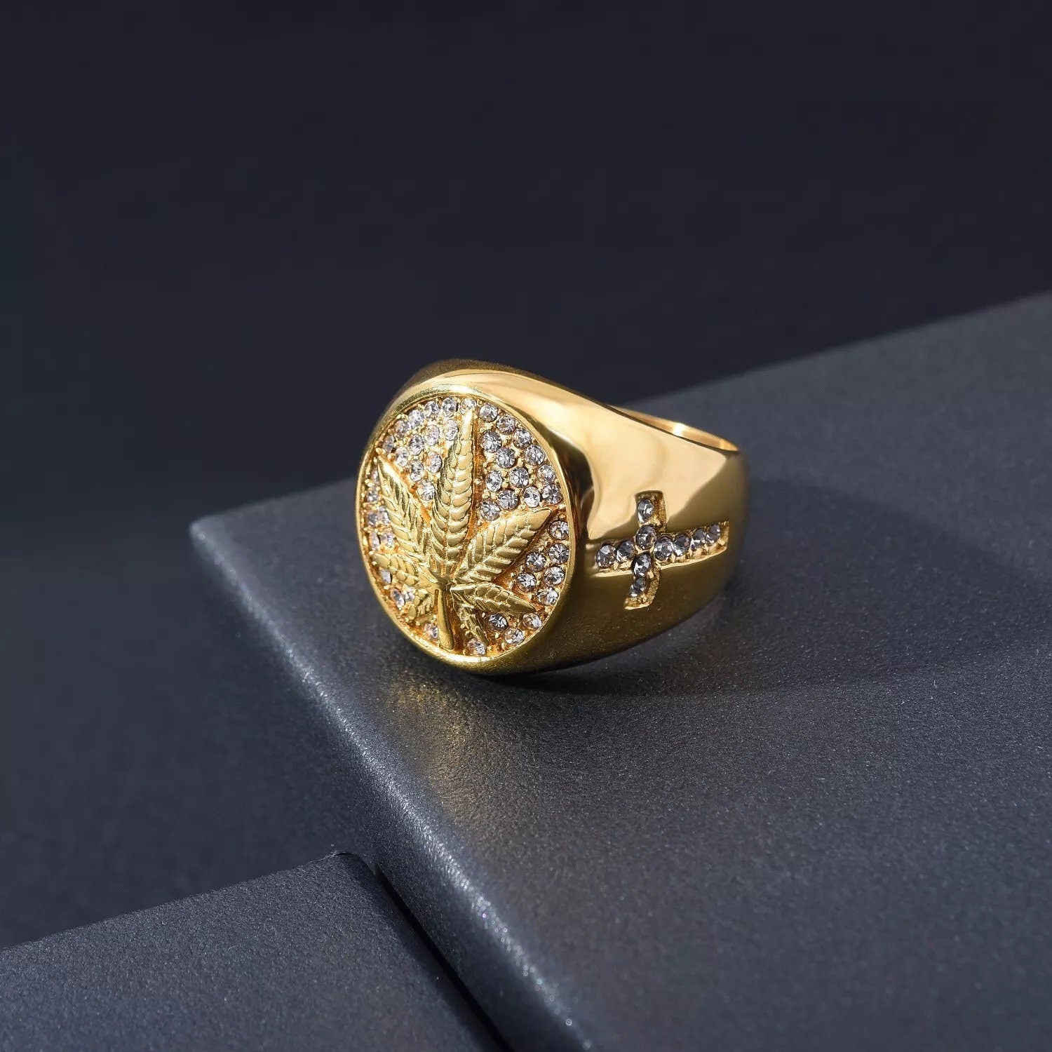 18k Gold Marijuana Leaf Cannabis Pot Cross Crystal Men Stainless Steel Ring For Men, Gift