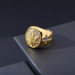 18k Gold Marijuana Leaf Cannabis Pot Cross Crystal Men Stainless Steel Ring For Men, Gift